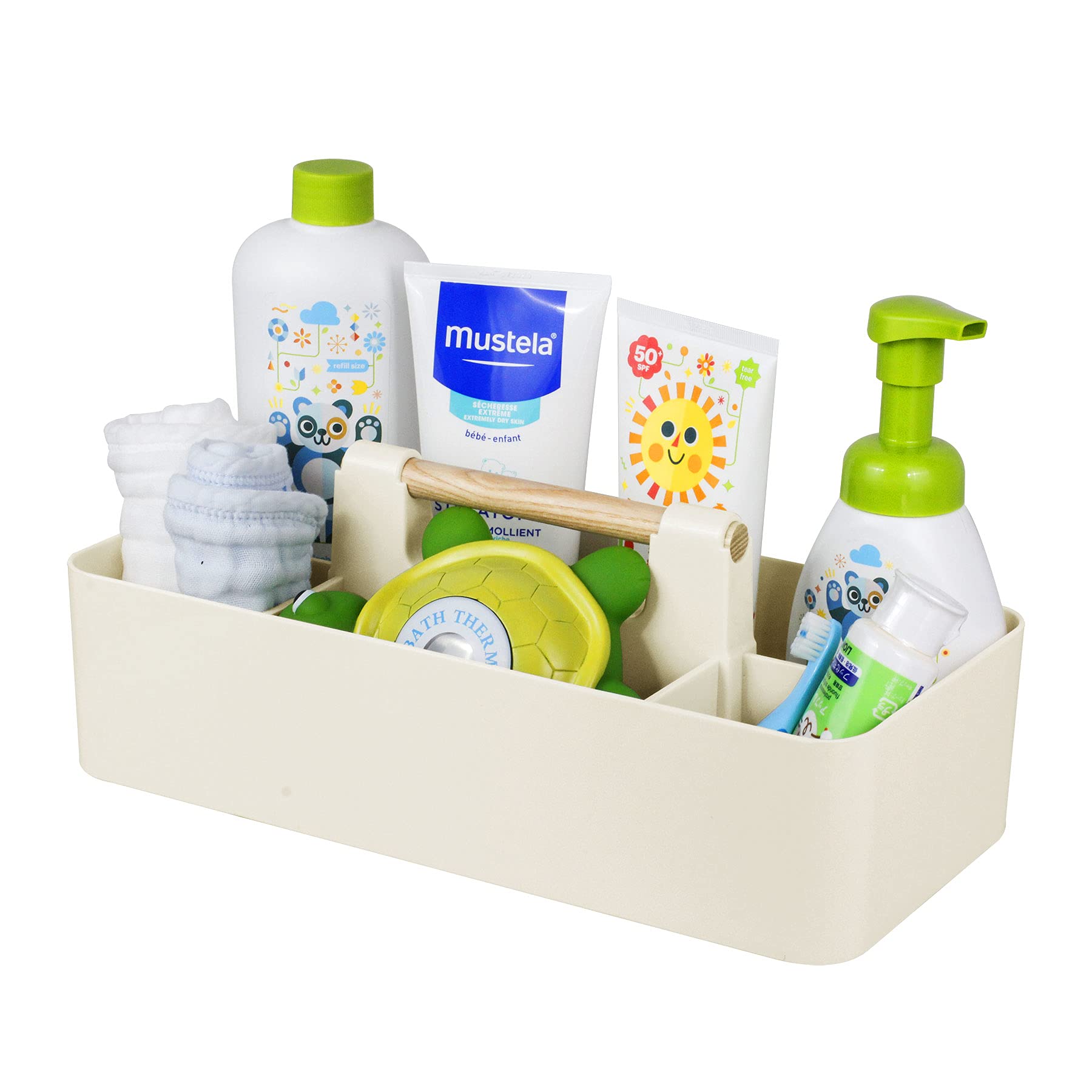 Portable Baby Shower Caddy Organizer with Wood Handle - Nursery Storage Tote for Kids Bath Essentials, Toys & Supplies | Perfect for Bathroom, Dorm Room & Nursery Organization (Beige) - Holds Bottles, Soap, Spoons & More