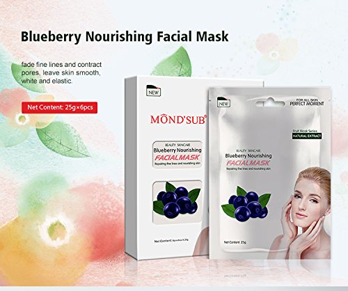 Blueberry Facial Mask with Natural Extract - Anti-Aging Sheet Mask for Fine Lines & Skin Repair | Hydrating & Nourishing Skincare for Women & Men | Pack of 6 | Perfect for Daily Routine, Spa Night & Travel