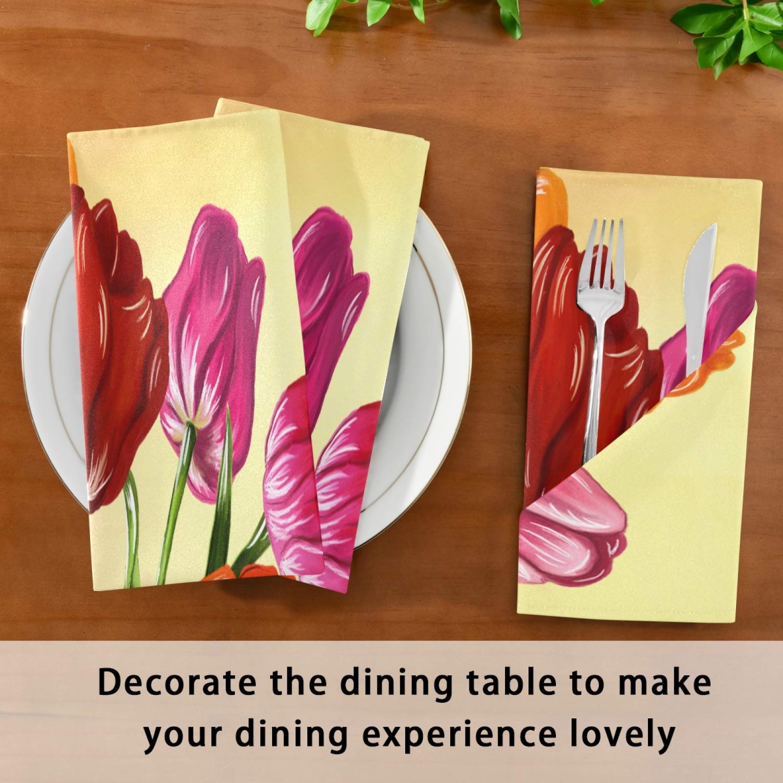 Spring Red Tulip Flower Cloth Napkins Set of 6 - 20x20 Inch Washable Polyester Dinner Napkins for Party, Wedding & Holiday Decorations - Elegant Table Linens for Easter, Mother's Day & Spring Celebrations