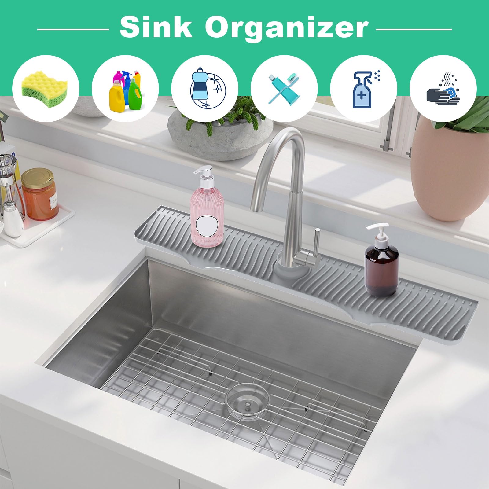 32 Inch Stainless Steel Sink Splash Guard - Non-Slip Kitchen Sink Drying Mat & Countertop Faucet Drip Catcher Tray with Sponge Holder (Gray) - Perfect for Dish Drying, Counter Protection & Kitchen Organization