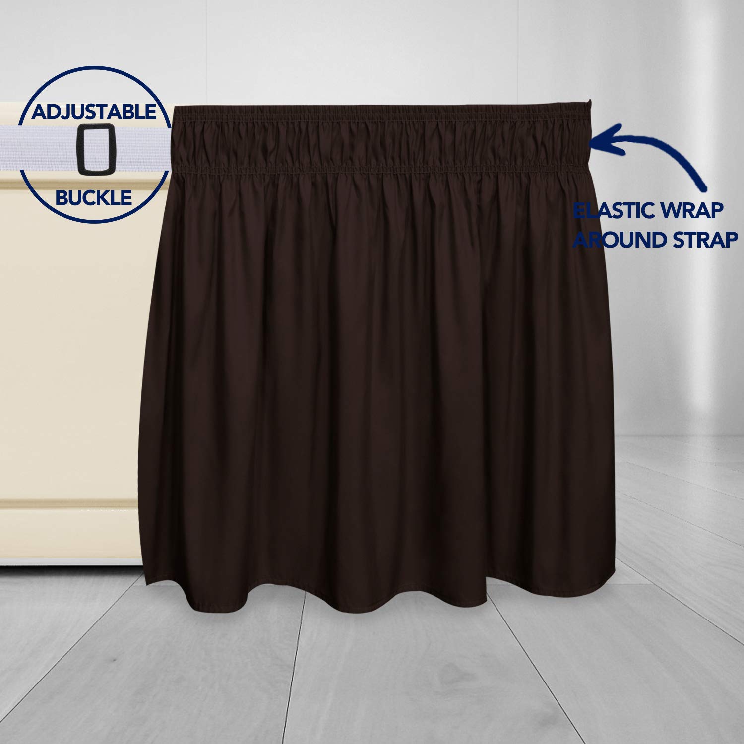 PureFit Wrap Around Ruffled Bed Skirt with Adjustable Elastic Belt - 14 Inch Drop, Easy to Install Wrinkle-Free Dust Ruffle for Queen, King & California King Beds (Chocolate) | Perfect for Bedroom Makeovers, Hotel-Style Bedding & Protecting Mattress from Dust