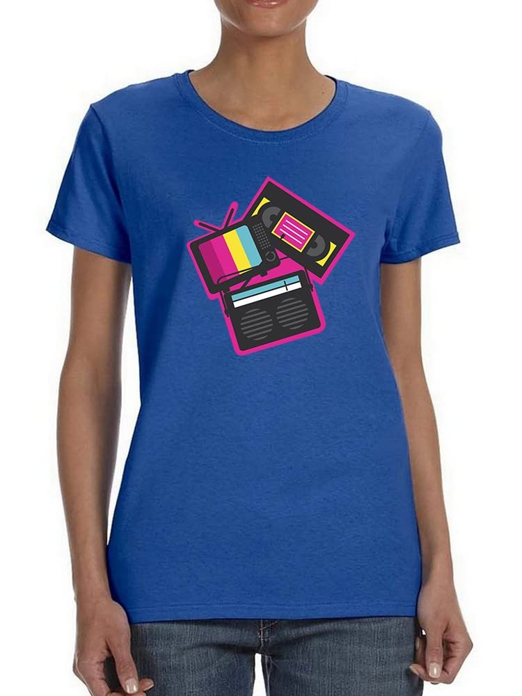 Vintage TV Radio Cassette Graphic Tee - Women's Royal Blue T-Shirt for Music & Movie Lovers | Perfect for Concerts, Retro Parties & Casual Wear