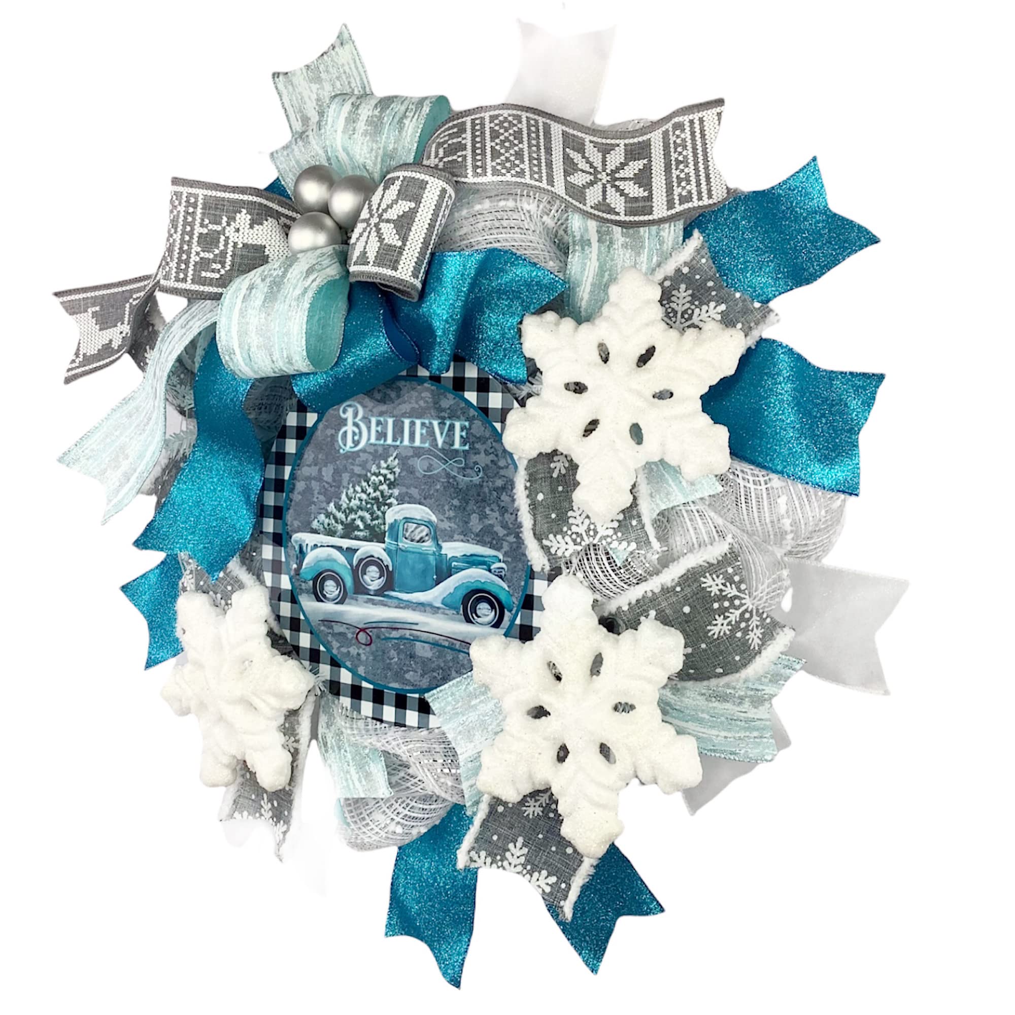 Handmade Christmas Wreath with Blue Truck Design - Ice Blue, Turquoise & Silver Grey Holiday Door Hanger - Festive Home Decor for Front Door, Fireplace & Seasonal Celebrations