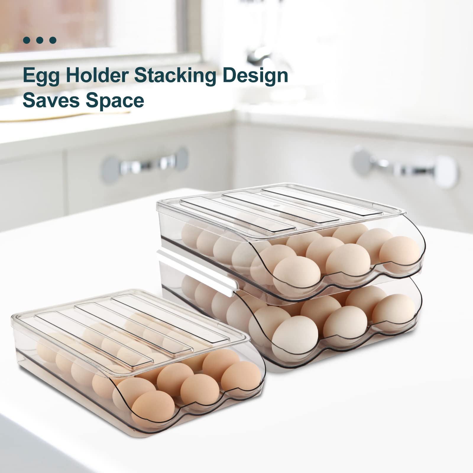 3-Tier Clear Plastic Egg Holder for Refrigerator - Automatic Rolling Egg Storage Container with Lid, Egg Organizer & Dispenser Tray - Perfect for Kitchen Organization & Fresh Egg Storage