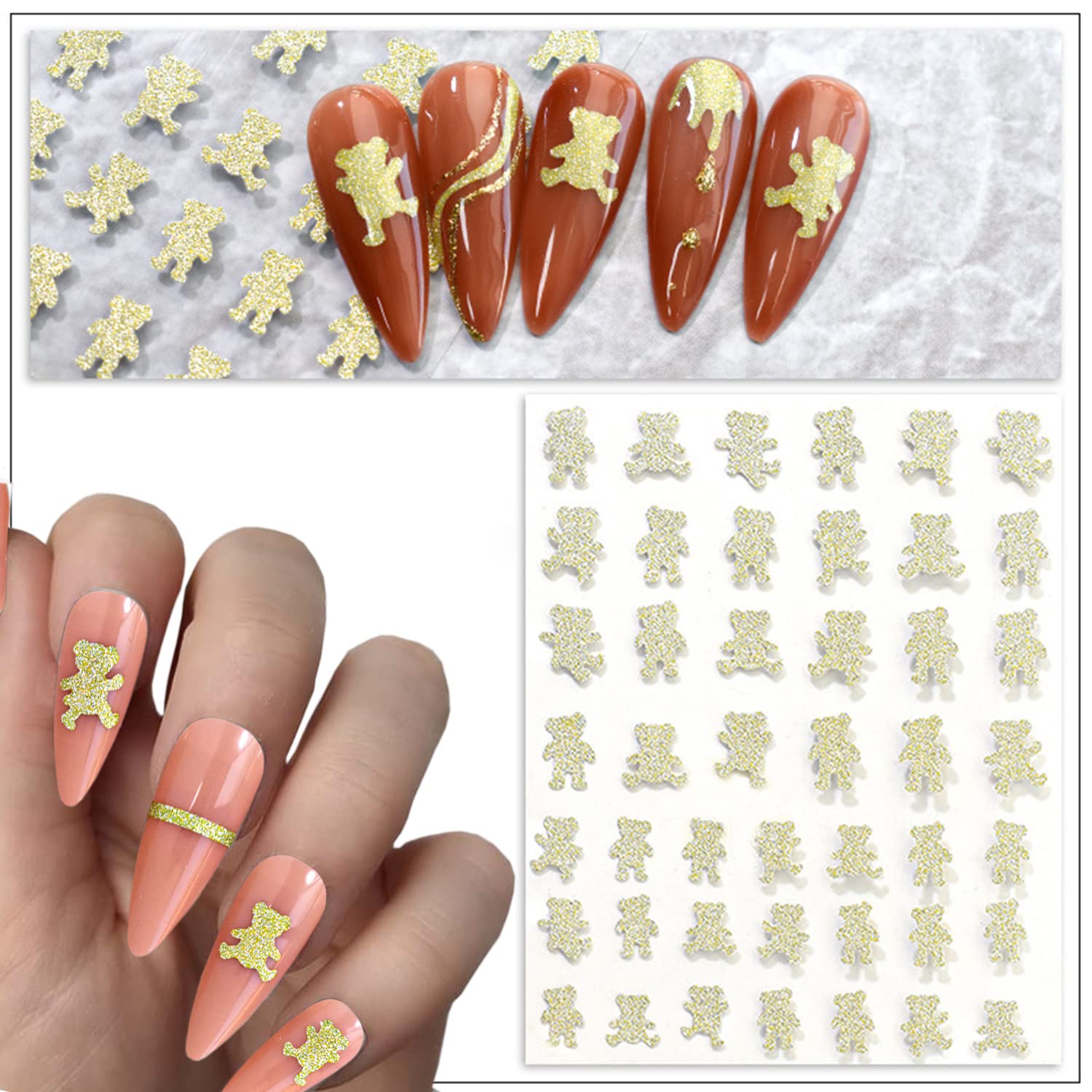3D Self-Adhesive Gold Nail Art Stickers - Shine Decals with Flame, Butterfly, Stars, Bear, Love Heart Designs for Women & Girls | Manicure Nail Art Decoration (6 Sheets) | Perfect for Parties, Weddings, Holidays & DIY Nail Art