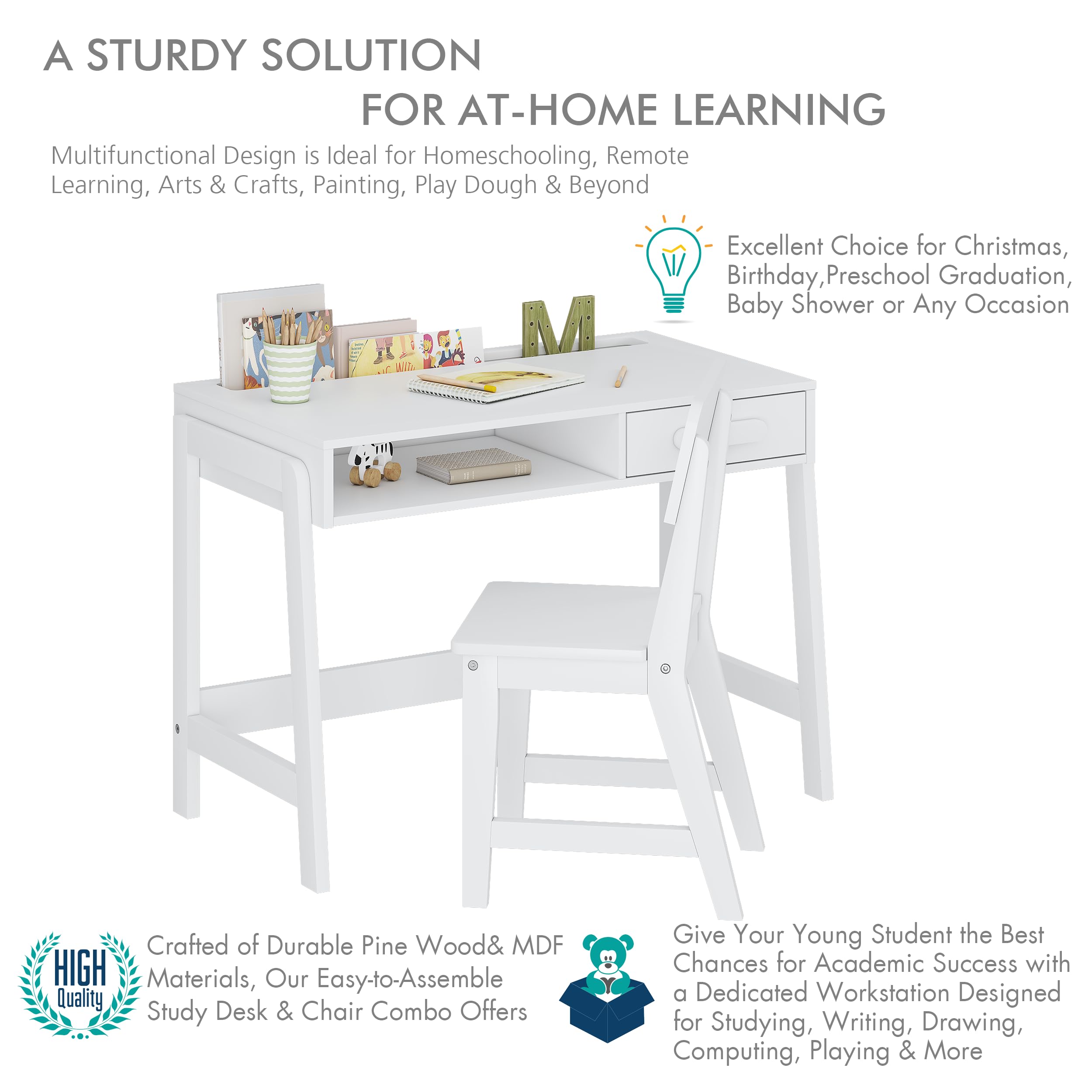 UTEX Kids Desk and Chair Set - Adjustable Wooden Study Desk with Storage Drawers, Ergonomic Children's Writing Table & Computer Workstation for Homework, Online Learning in Bedroom, Study Room or Homeschool Classroom
