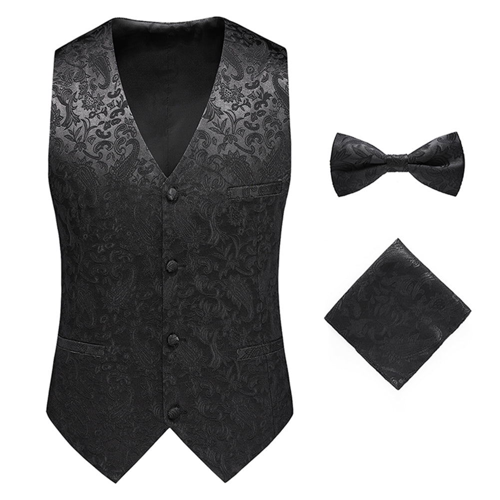 Men's Solid Color Printed Vest Black - Formal Waistcoat with Bow Tie & Pocket Square Set for Weddings, Parties & Business Events