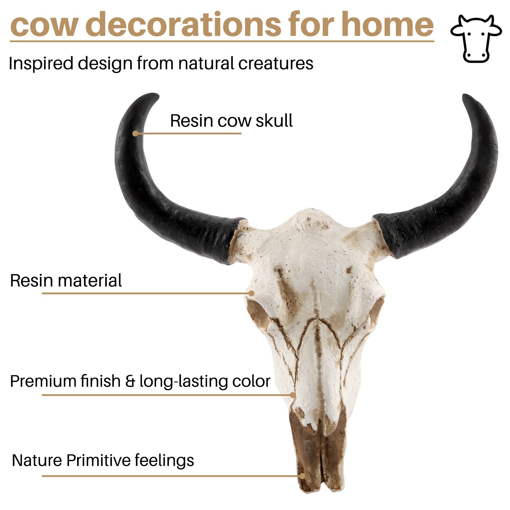 3D Resin Longhorn Cow Skull Wall Art - Wildlife Animal Sculpture for Western Home Decor, Halloween Party, Ranch & Farmhouse Wall Hanging Decoration
