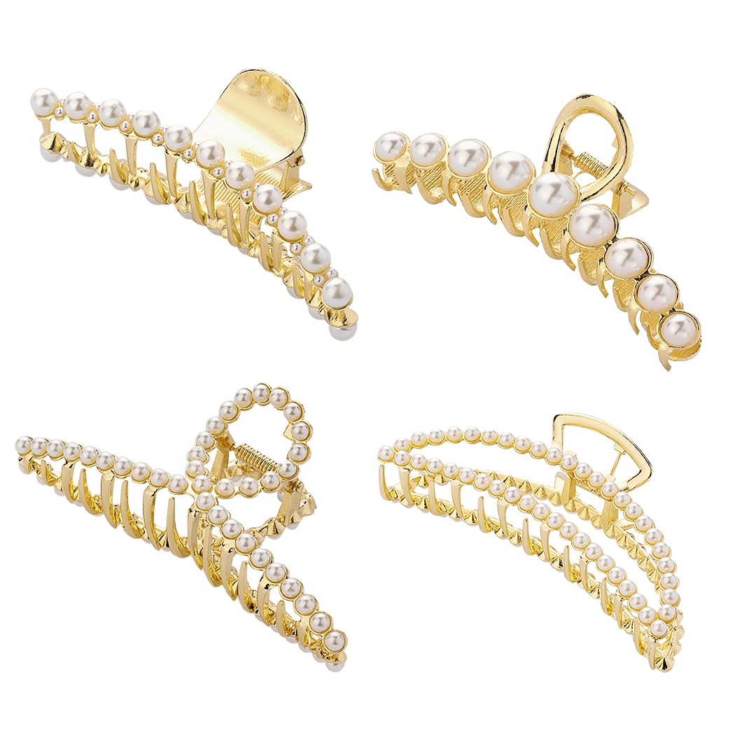 SOWUNO 4PCS Metal Hair Claw Clips with Fake Pearls - Elegant Non-Slip Barrettes for Women with Thick Hair - Perfect for Updos, Ponytails and Everyday Hairstyles