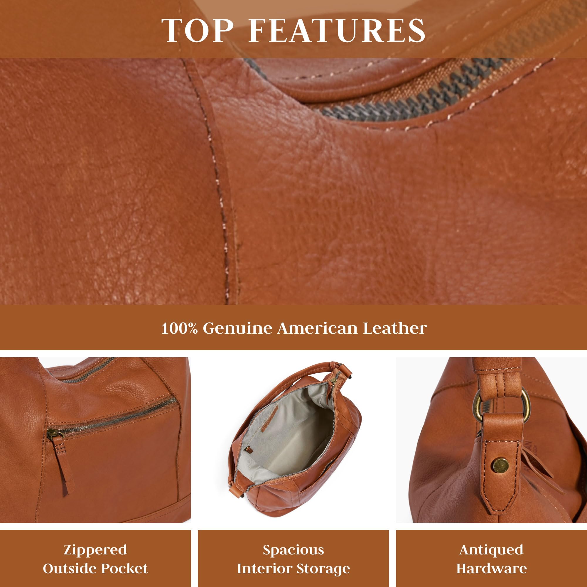 Premium American Leather Hudson Hobo Shoulder Bag for Women - Soft Genuine Leather Purse with Zippered Compartments & Slip Pockets - Perfect for Work, Travel & Everyday Use