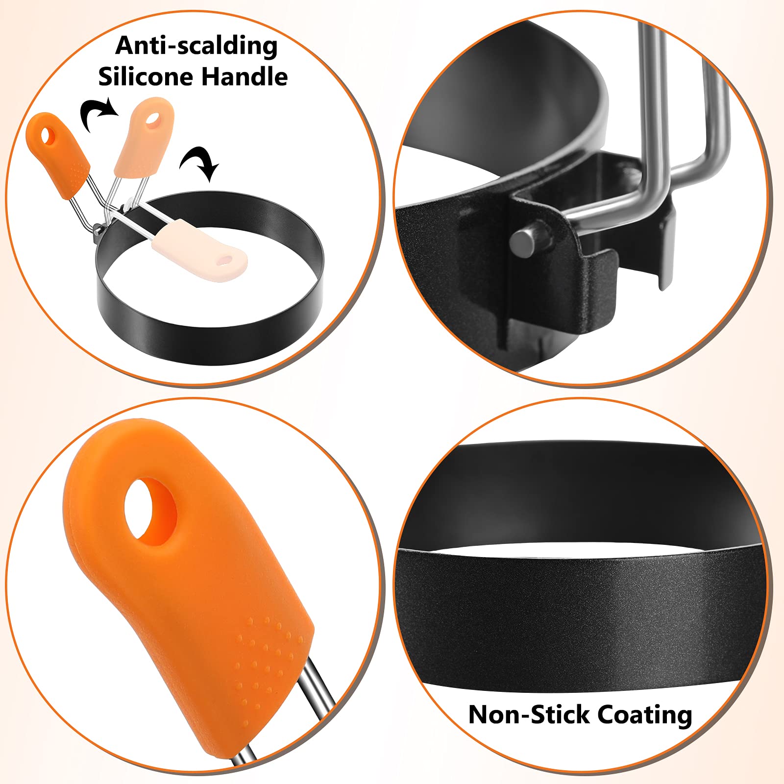 **Patelai 6-Piece Stainless Steel Egg & Pancake Ring Set with Orange Silicone Handle – 4 & 6 Inch Non-Stick Molds for Perfect Fried Eggs, Omelettes, Pancakes & Breakfast Sandwiches – Ideal for Home Cooking, Brunch, and Meal Prep**