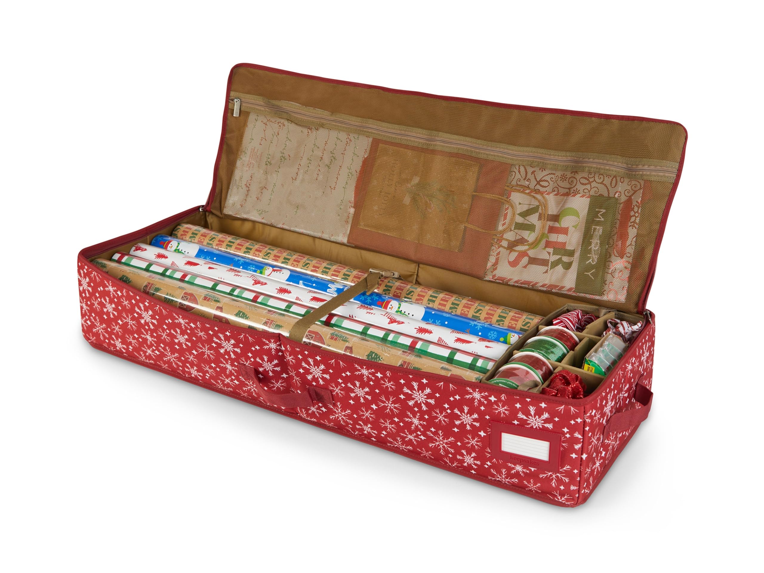 Covermates Keepsakes Gift Wrap Organizer - Heavy Duty Storage for 25 Wrapping Paper Rolls with Adjustable Compartments & Mesh Pocket - Holiday Gift Wrapping Station - Perfect for Christmas, Birthday & Party Gift Wrapping Organization (Red Snowflake Design)
