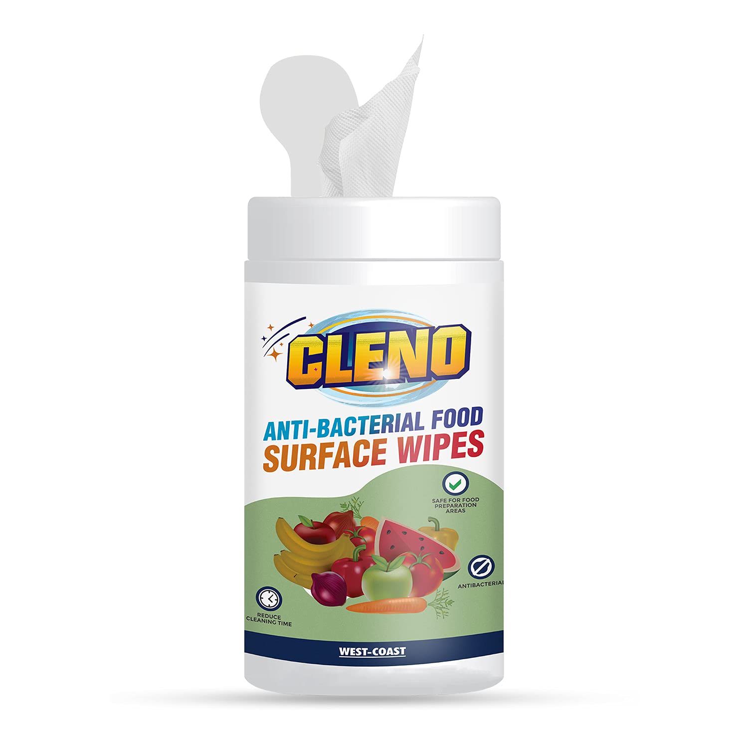 Cleno Antibacterial Food Surface Wet Wipes - 50 Count | Kills Germs & Bacteria | Safe for Fruits, Vegetables, Milk Packs & Dishes | Removes Chemicals & Waxes | Perfect for Kitchen, Picnics & Travel
