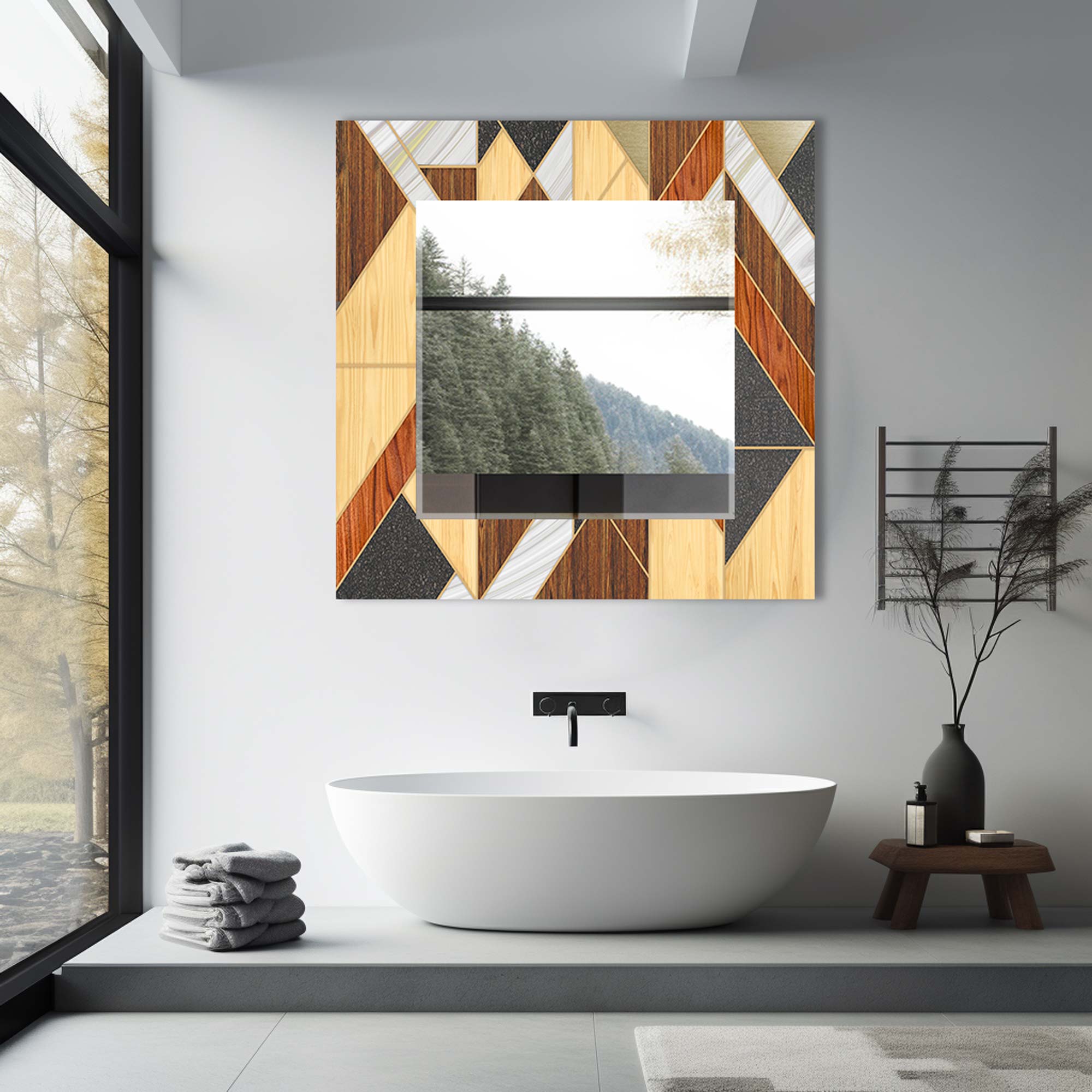 Stylish Wooden Framed Tempered Glass Wall Mirror - Elegant Home Decor for Bedroom, Bathroom & Living Room - Shatterproof & Durable Design for Daily Use