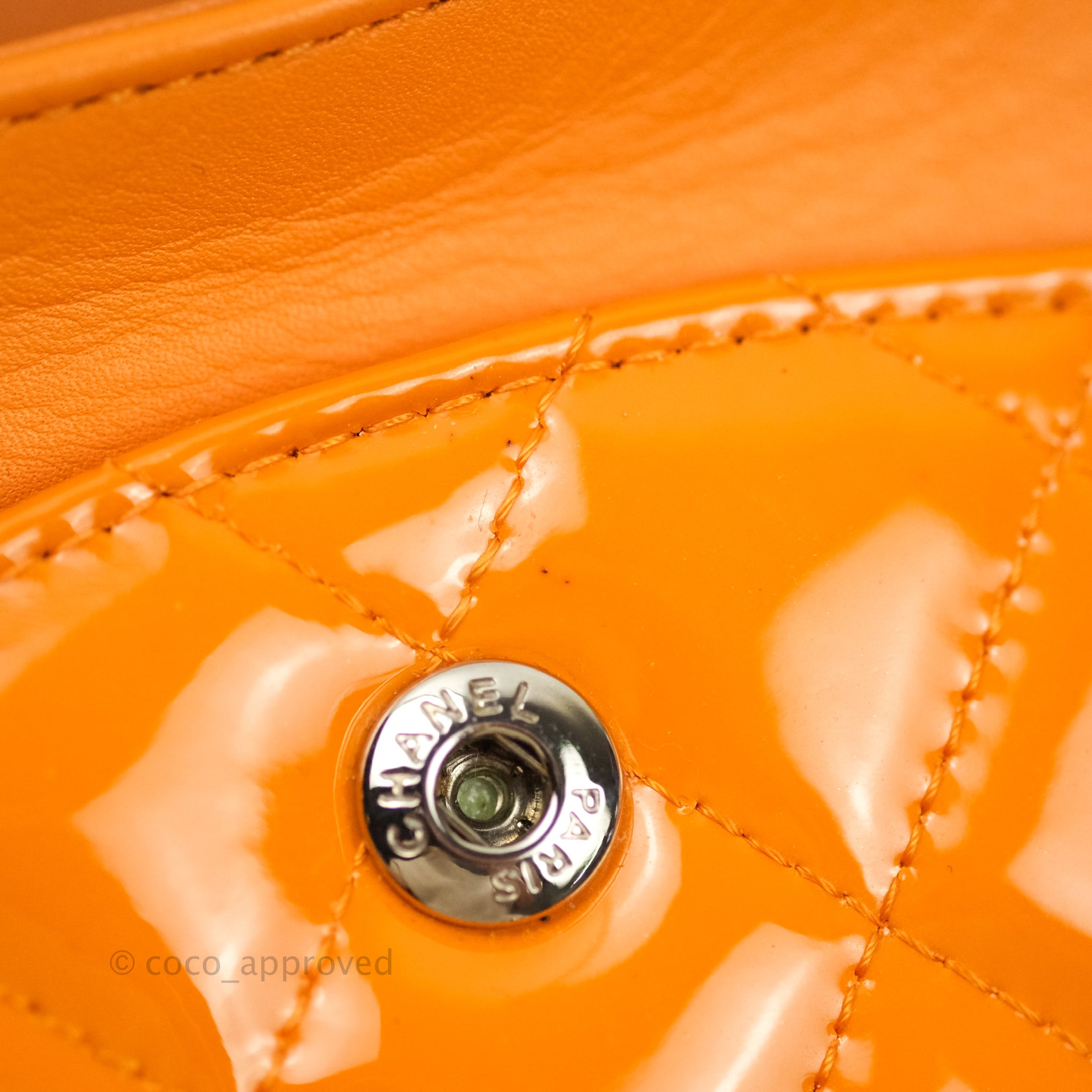 Chanel Classic M/L Medium Double Flap Bag in Orange Patent Leather with Silver Hardware - Perfect for Evening Events & Luxury Fashion Accessories