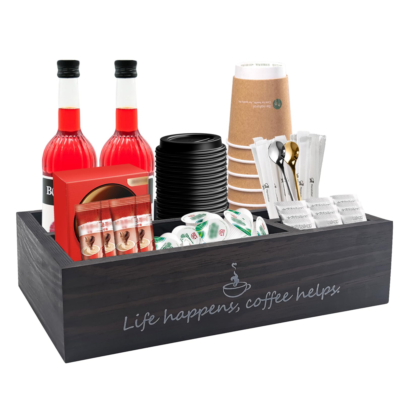Wooden Coffee Station Organizer - Farmhouse Style Coffee Pod Holder & Bar Accessories for Kitchen Countertop, Office, Living Room | Perfect for Home Decor, Coffee Table Display & Buffet Table Organization (Black)