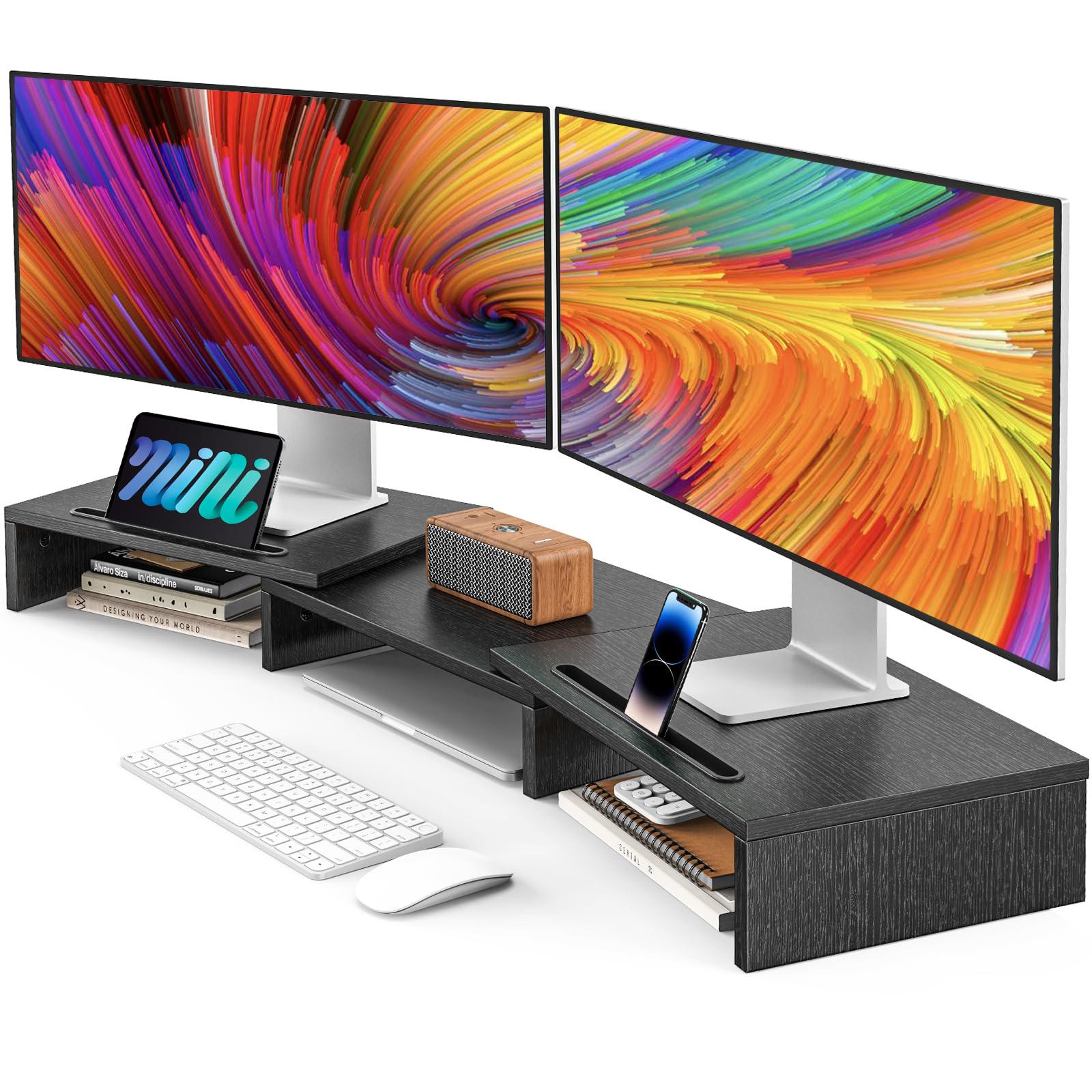 AMERIERGO Dual Monitor Stand Riser for 2 Monitors - Adjustable Desk Mount with 2 Slots - Multifunctional Desktop Organizer for Laptop, PC, Computer & Printer - Perfect for Home Office, Gaming Setup & Workspace Organization