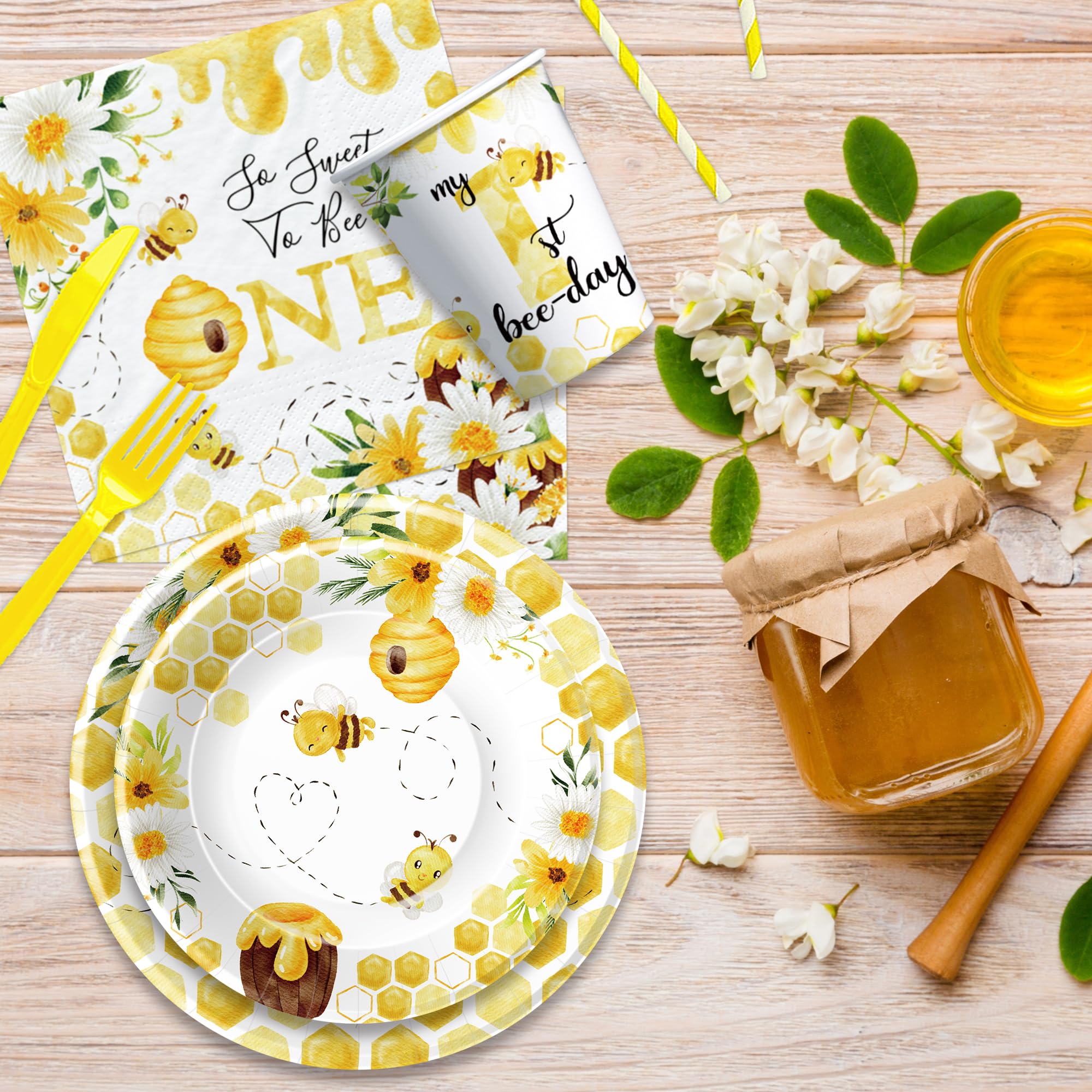 1st Birthday Bee Party Supplies - Bumble Bee Themed Decorations, Dinnerware Set (Plates, Cups, Napkins, Forks) for Baby's First Birthday | 24-Piece Set - Perfect for 1-Year-Old Birthday Parties, Baby Showers & Bee-Themed Celebrations