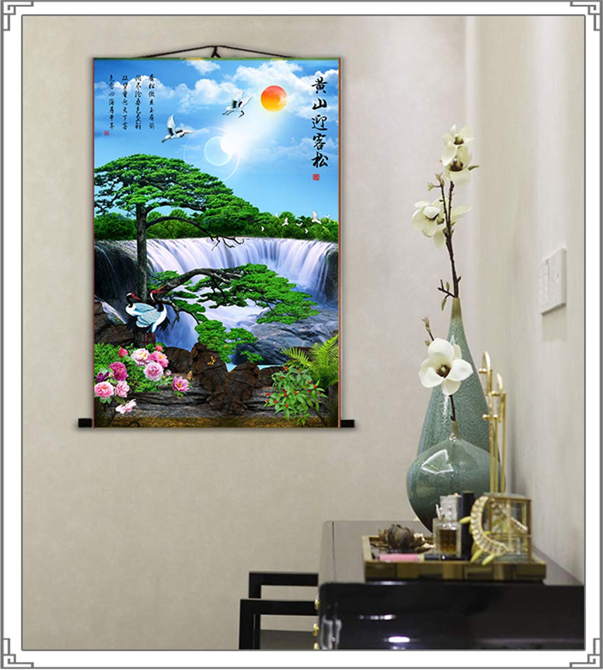 Zzooi Chinese Feng Shui Wall Art - Hand-Painted Silk Scroll with Auspicious Animals & Waterfall Landscape for Home & Office Decor | Perfect for Living Room, Bedroom & Meditation Space
