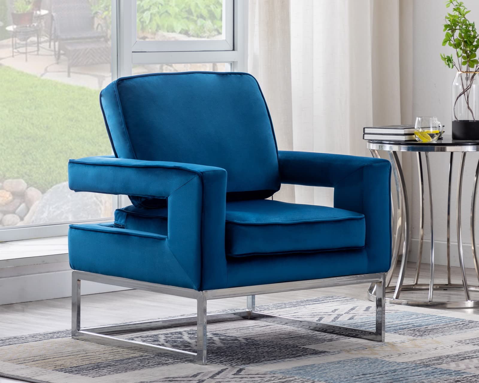 Velvet Armchair Modern Blue Accent Chair - Upholstered Comfy Single Barrel Chair with Open Back & Chrome Base for Living Room, Bedroom Corner - Perfect for Reading Nook, Lounge Area & Home Office Decor