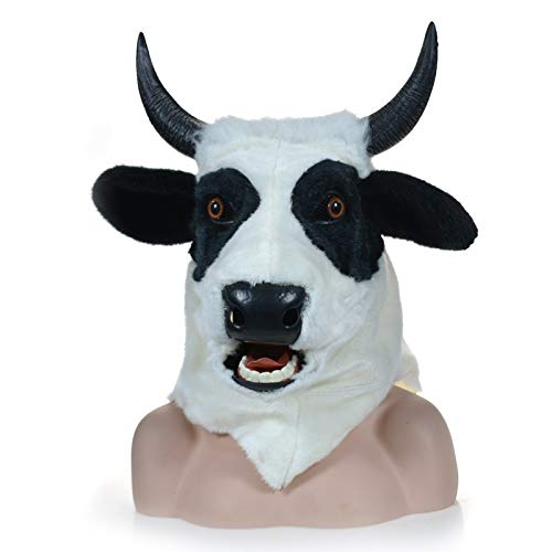 SHENGUS Halloween Party Mask - Realistic Moving Mouth Cow Mask, Furry Animal Costume Accessory for Adults & Kids (Black) - Perfect for Halloween Parties, Cosplay, and Themed Events