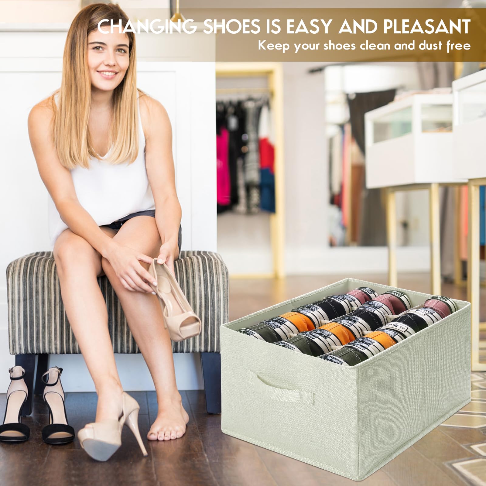 3 Pack Fabric Shoe Organizer for Closet - Foldable Storage Bins Holds 36 Pairs, Cube Cabinet with Reinforced Handles (Beige, 16.5