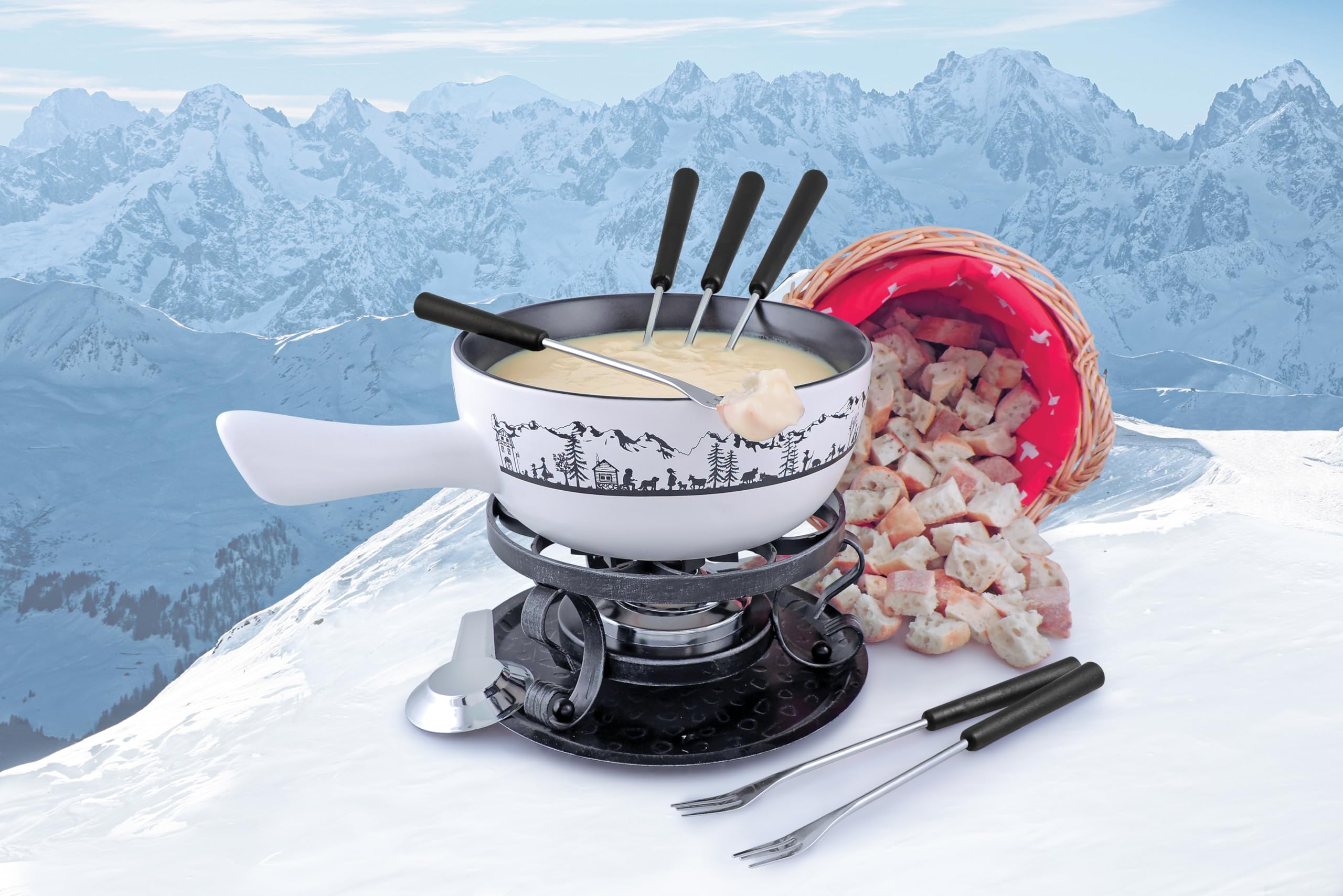 Premium Swissmar Heidi Cheese Fondue Set - 2.8 QT Ceramic Pot with Rechaud Burner, 6 Forks & Recipe Card - Perfect for Melting Cheese, Chocolate & Caramel - Elegant White - Ideal for Dinner Parties, Romantic Dates & Family Gatherings