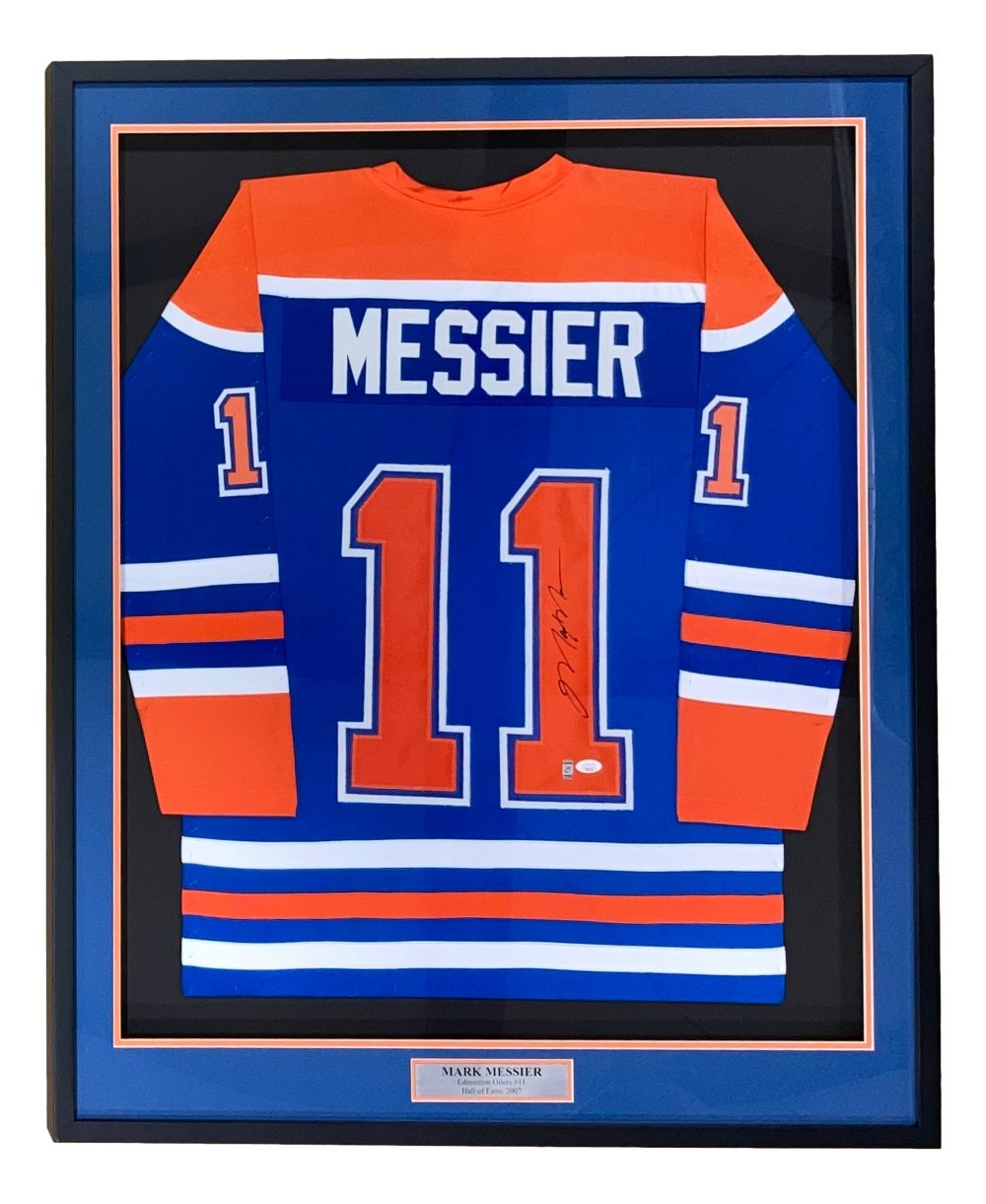 Mark Messier Autographed Edmonton Oilers Blue Hockey Jersey - JSA Certified - Perfect for Sports Memorabilia Collectors & Hockey Fans Display