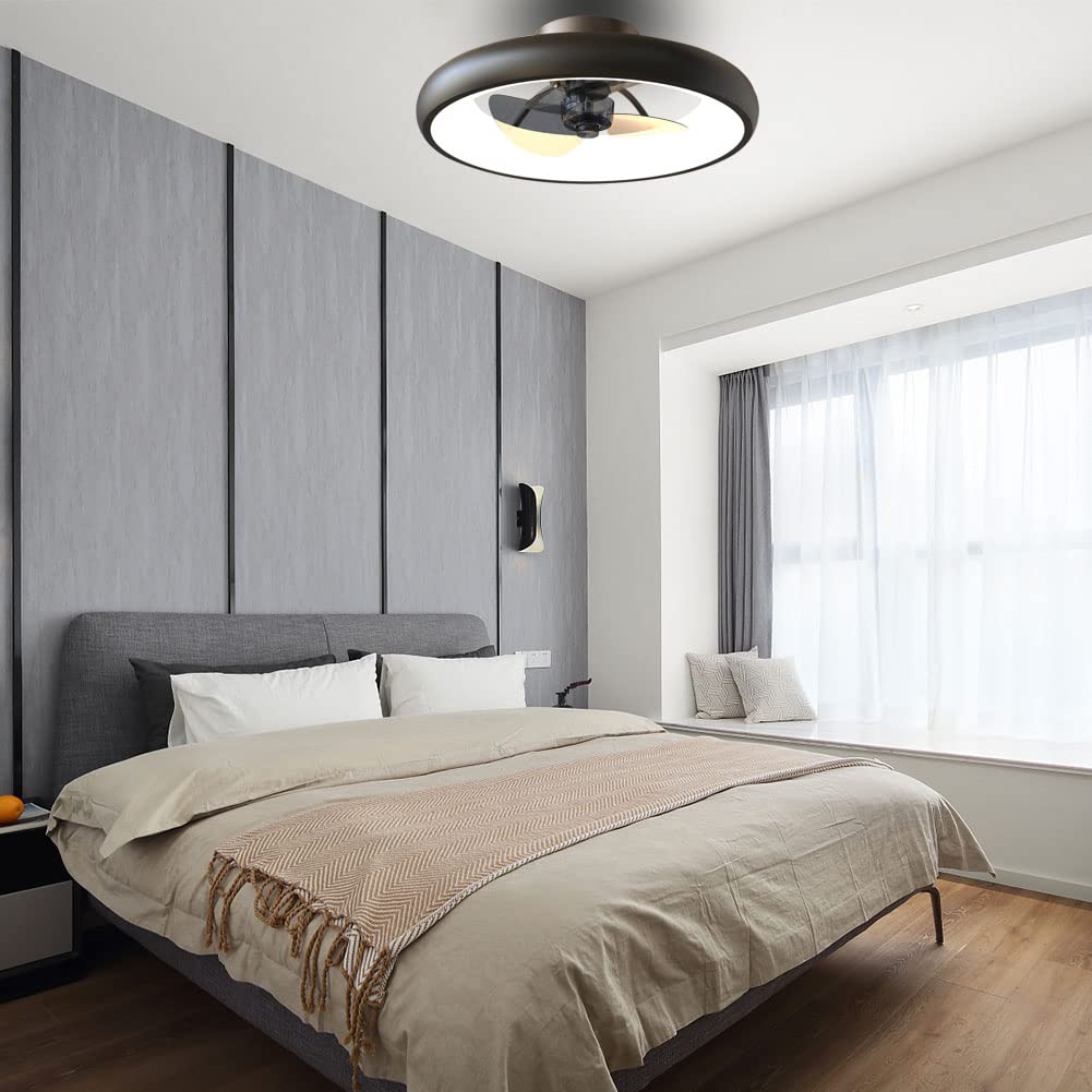 Dimmable LED Ceiling Fan with Lights - 5 Invisible Reversible Blades, Remote Control & Timer - Semi Flush Mount Low Profile (18.9 Inches, Black) - Perfect for Bedroom, Living Room & Office