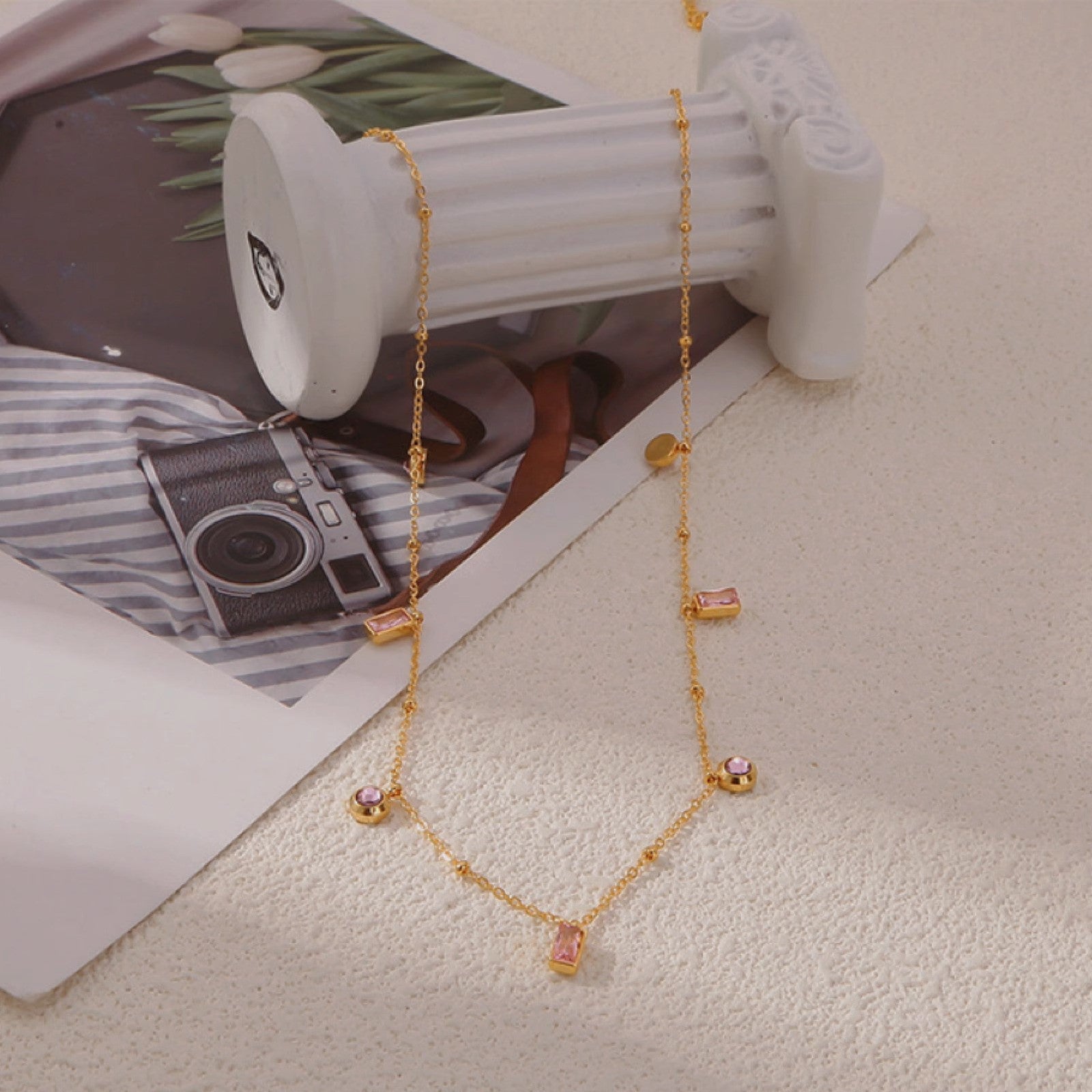 18K Gold Plated Baguette Charm Necklace & Pink Bracelet Set - Elegant Jewelry Gift for Women | Perfect for Valentine's Day, Anniversary & Special Occasions | JDN434