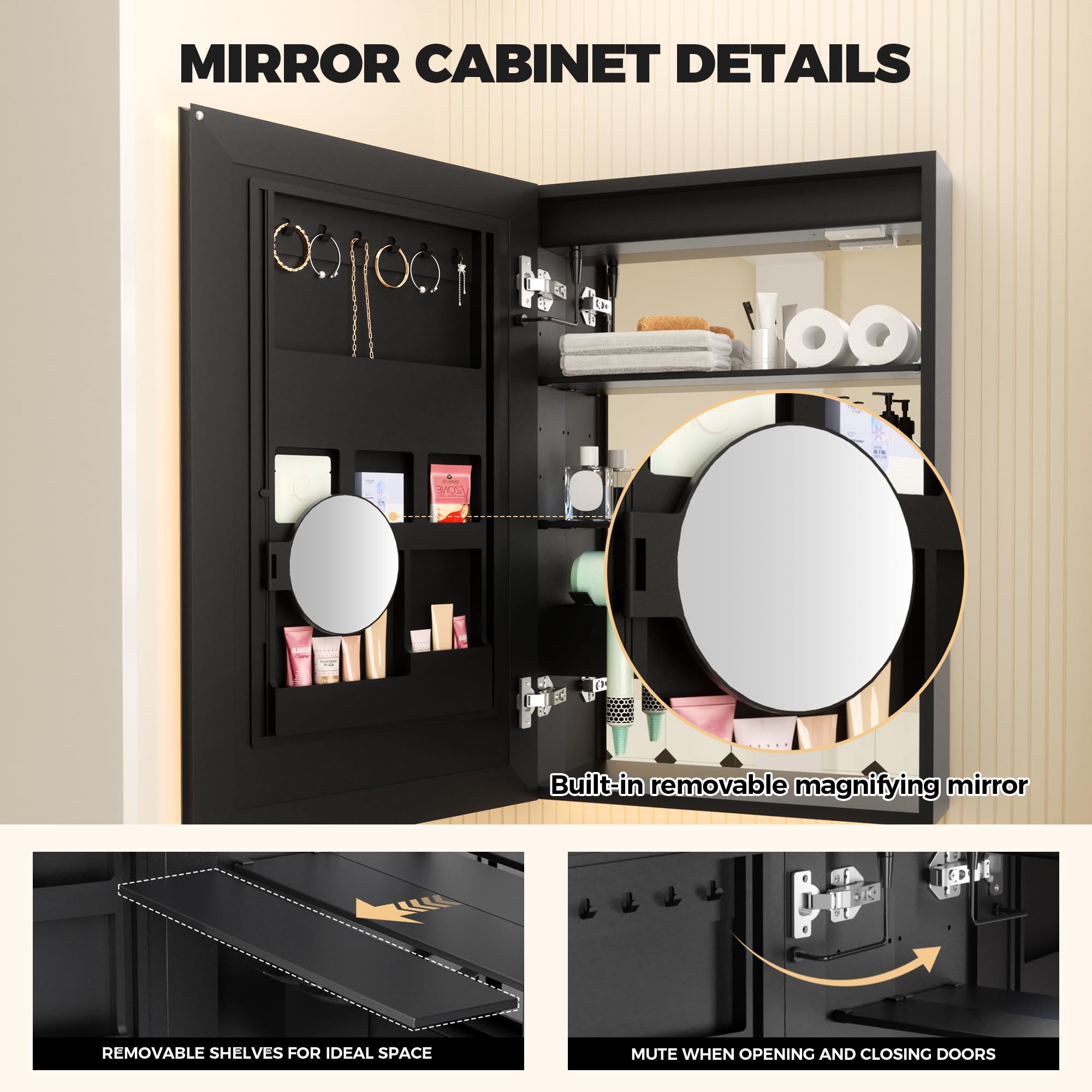 20x30 Inch Bathroom Mirror Cabinet with LED Dimming Lights - Wall Mounted Medicine & Jewelry Storage Organizer with Hair Dryer Shelf | Modern Bathroom Vanity Mirror for Makeup, Shaving & Home Decor