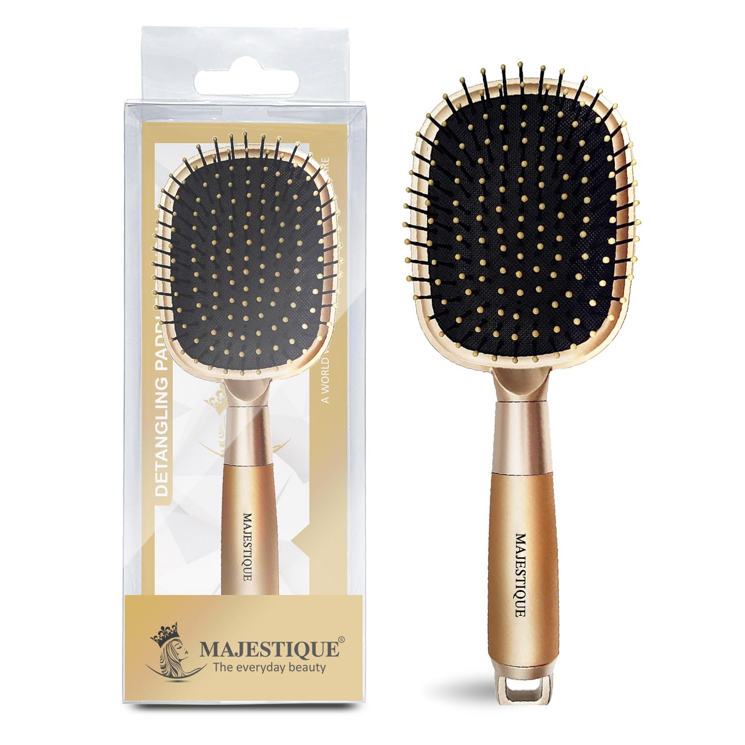 Majestique Premium Golden Series Paddle Hair Brush - Detangling Flat Hair Brush for Women, Men & Girls - Smooth & Shine for All Hair Types - Perfect for Daily Styling, Salon Use & Travel