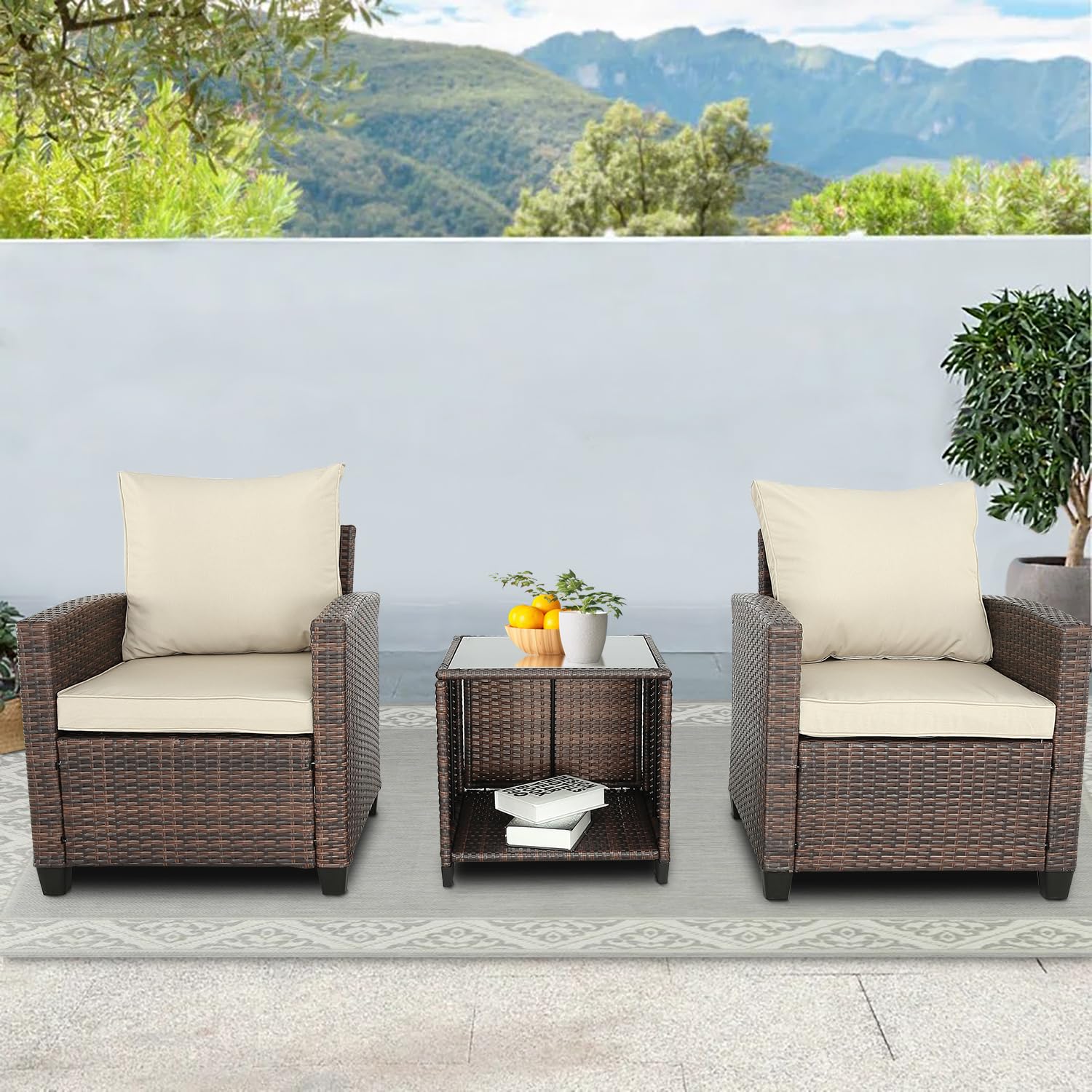 3-Piece Patio Furniture Set - PE Rattan Wicker Outdoor Sofa with Washable Cushions & Tempered Glass Table - Perfect for Balcony, Garden, Poolside (Brown-Gray) | Durable Weather-Resistant Outdoor Seating for Relaxation & Entertainment