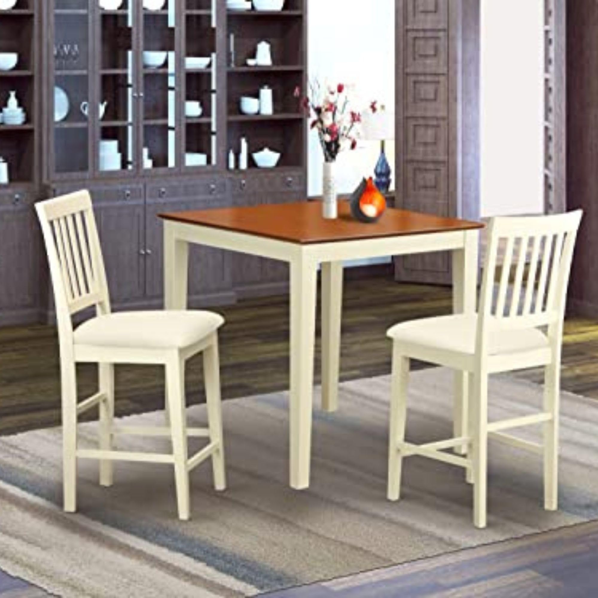 East West Furniture VERN3-WHI-C 3-Piece Counter Height Dining Set for Small Spaces - 36x36 Inch Square Wooden Table & 2 Linen Fabric Upholstered Chairs in Buttermilk & Cherry - Perfect for Apartments, Breakfast Nooks, and Kitchenettes