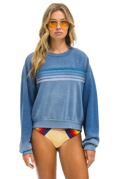 Aviator Nation 5 Stripe Relaxed Crew Sweatshirt - Vintage Faded Wash Style for Men & Women | Casual Streetwear, Loungewear, and Weekend Outfits