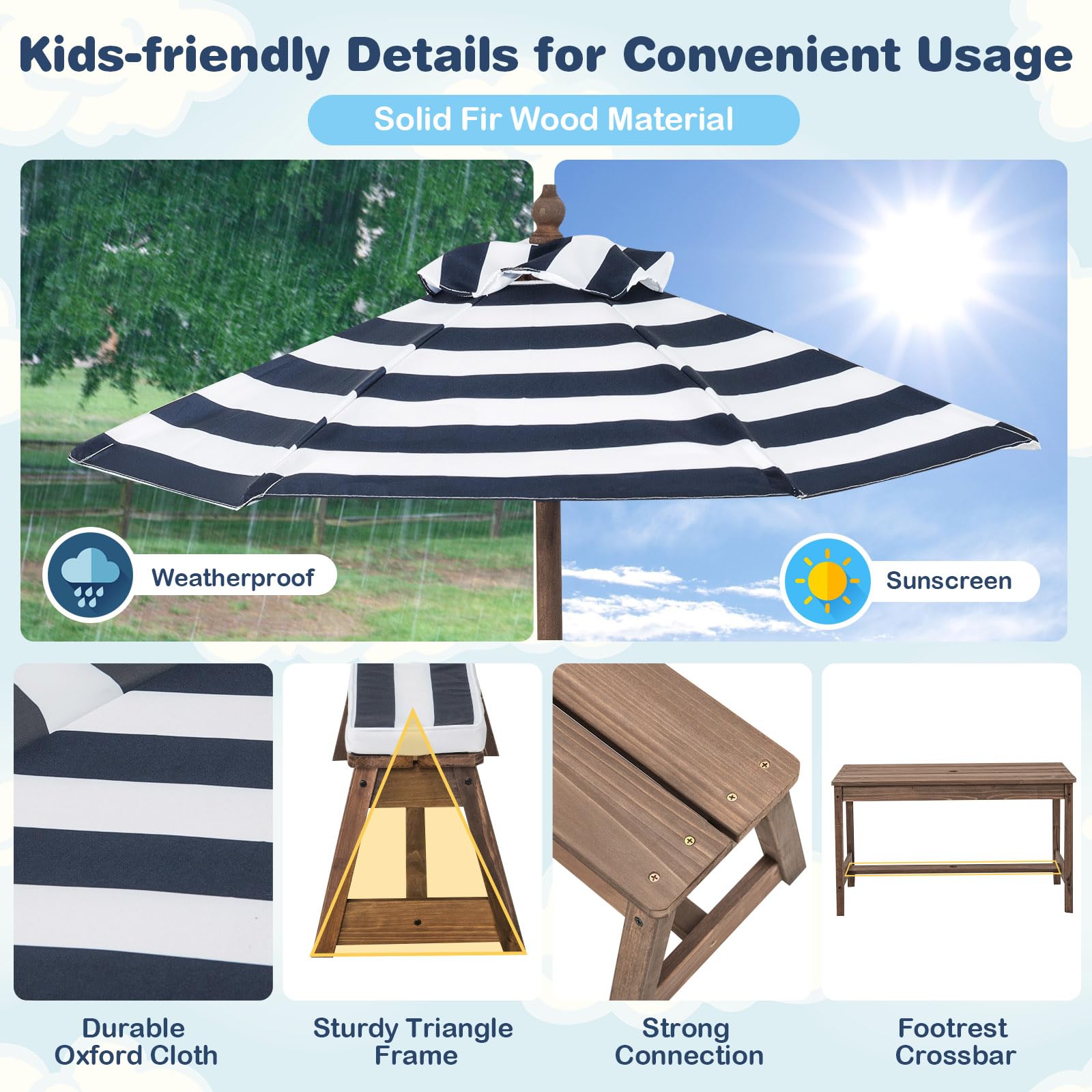 DORTALA Kids Picnic Table with Umbrella & Cushions - Wooden Outdoor Toddler Table and Bench Set for Ages 3-8, Blue - Perfect for Backyard Playdates, Birthday Parties & Outdoor Activities