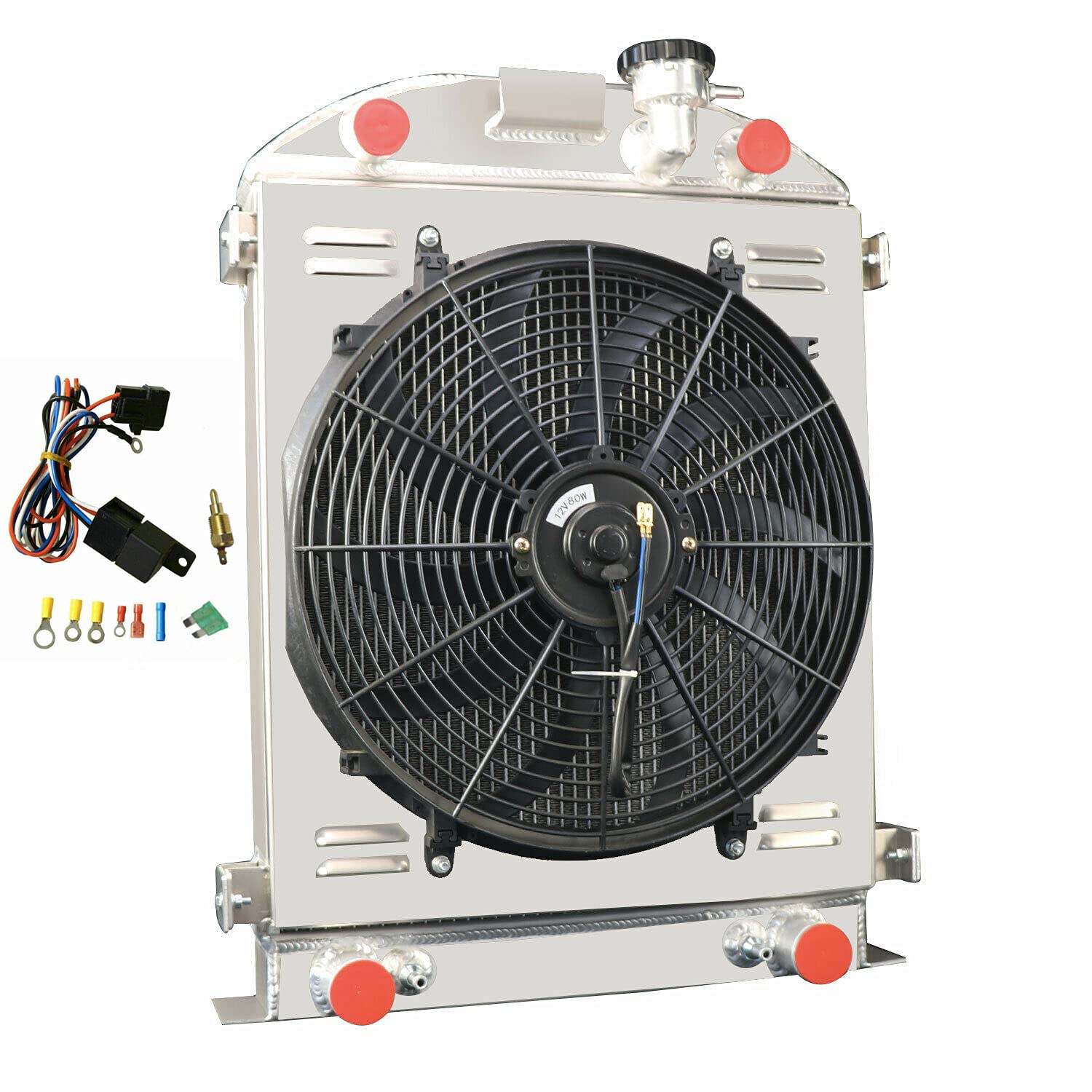 3 Row Aluminum Radiator with Shroud Fan & Relay Kit - Compatible with 1932 Ford Flathead V8 (Stock Height) - Perfect for Classic Car Restoration & Hot Rod Cooling System Upgrades