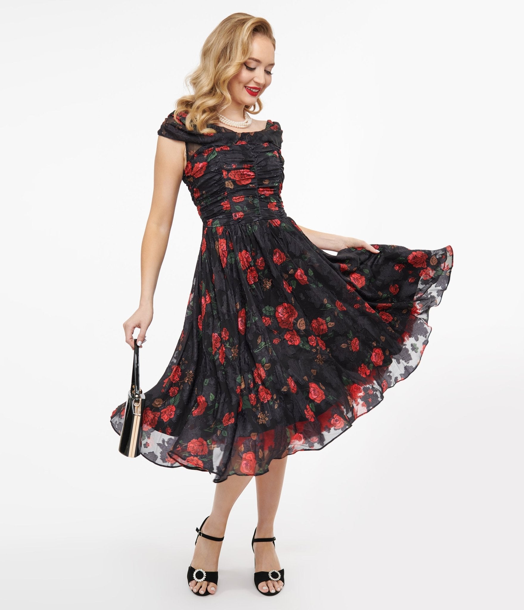 Vintage 1950s Black & Red Rose Off-The-Shoulder Cocktail Dress - Retro Pinup Party Dress for Evening Events & Special Occasions