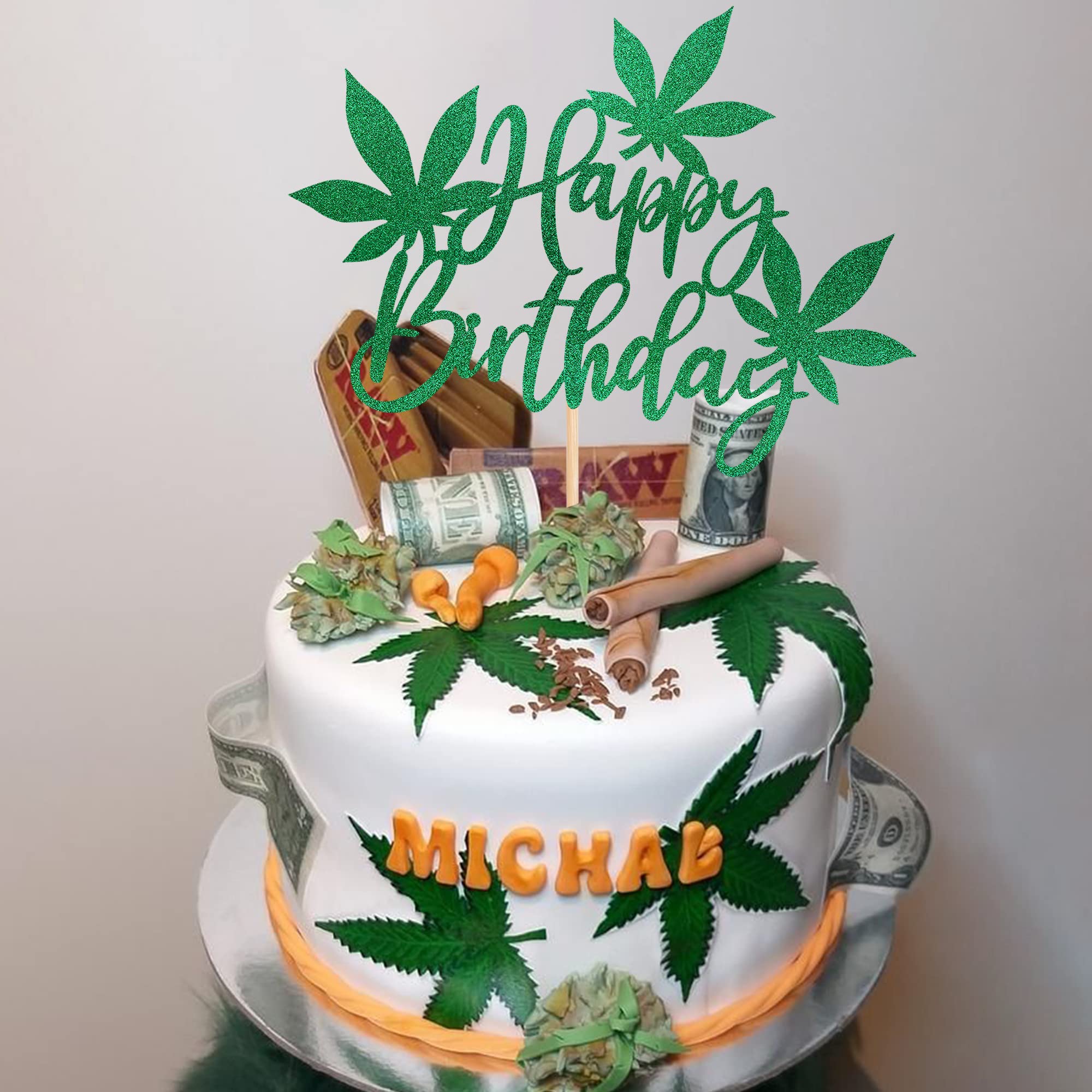 1 PCS Happy Birthday Cake Topper with Green Glitter Pot Leaf Design - 420 Themed Cake Decorations for Birthday & Anniversary Parties - Perfect for Stoner Celebrations, Cannabis-Themed Events & Festive Gatherings