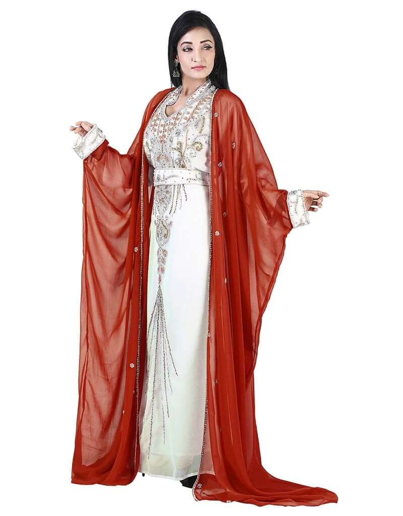 Elegant Arabic Rust Colored Embroidered Kaftan Dress for Women - Boho Chic Loose Fit Maxi Dress for Beach, Wedding & Special Occasions