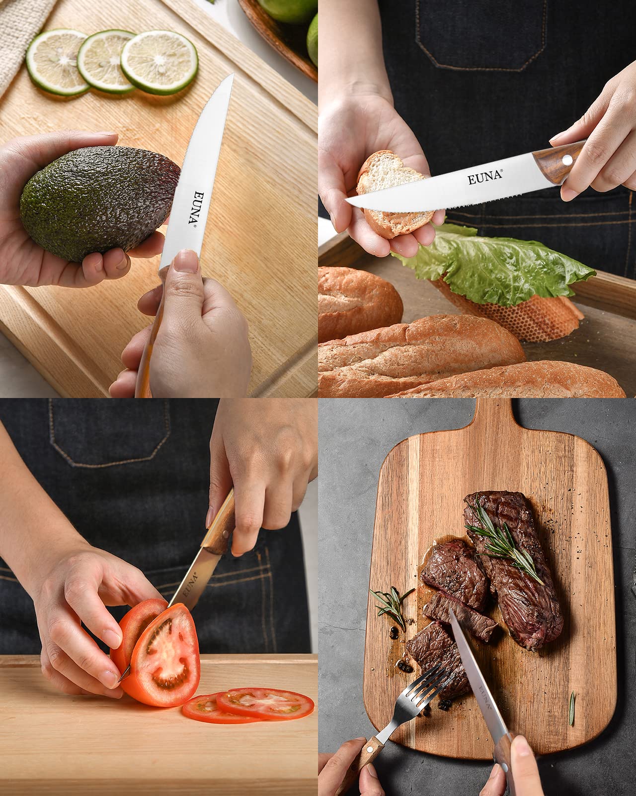 EUNA 4-Piece Steak Knife Set - 4.5 Inch Ultra Sharp Serrated Blades with Ergonomic ASH Handle - Stainless Steel Dinner Knives in Gift Box - Perfect for Steakhouse Dining, BBQ Parties & Fine Dining at Home