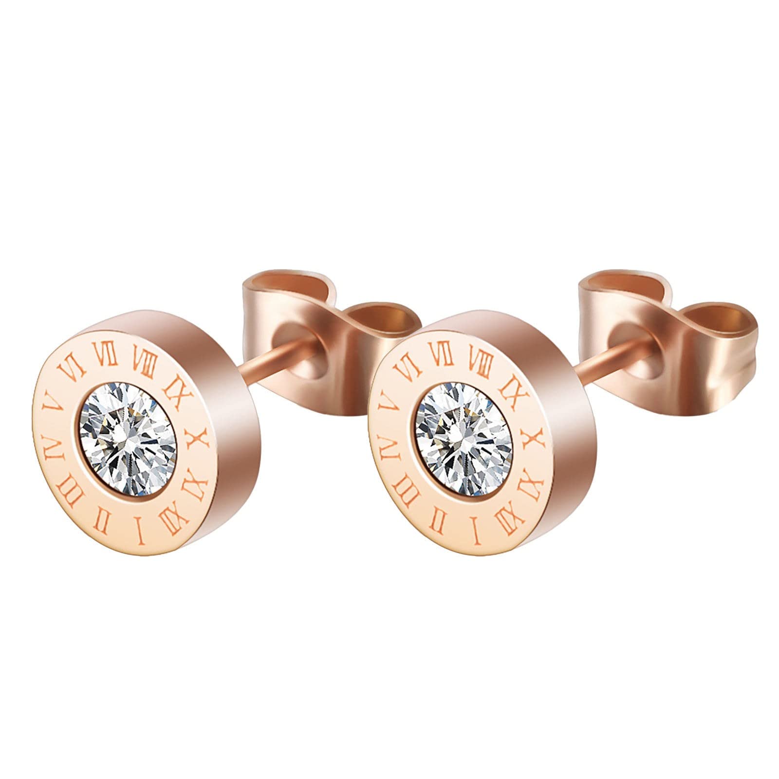Kiosan Women's Stainless Steel Roman Numeral Stud Earrings - Round Rose Gold Circle Earrings for Men & Women - Perfect for Everyday Wear, Parties & Gifts (One Size, Rose Gold)