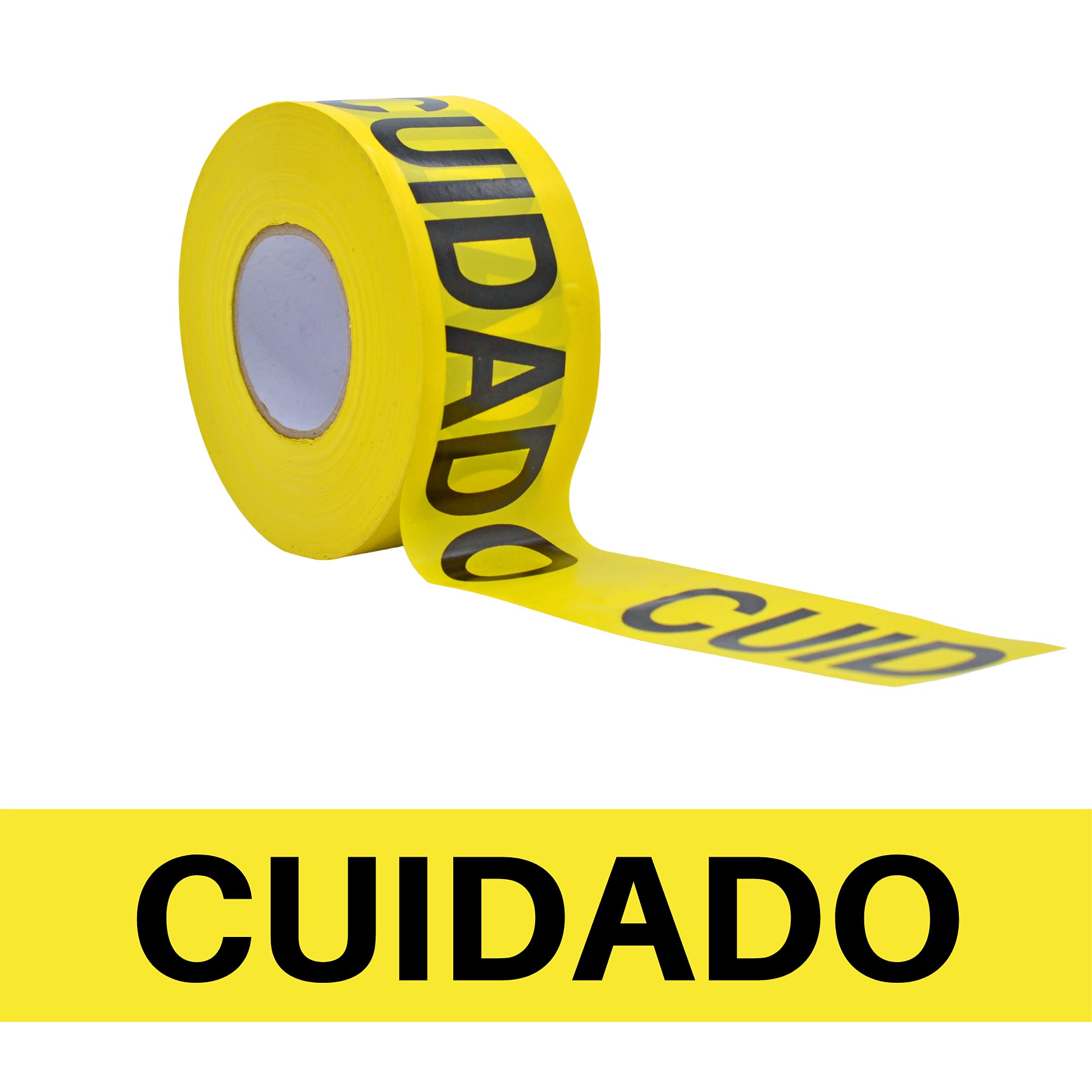 WOD BRC-CUIS Barricade Caution Tape - 3 inch x 1000 feet (Bulk Case 8 Rolls) High Visibility Bright Yellow with Bold Black Text 'CUIDADO' - Heavy Duty Non-Adhesive Safety Tape for Construction Sites, Crime Scenes & Hazard Areas