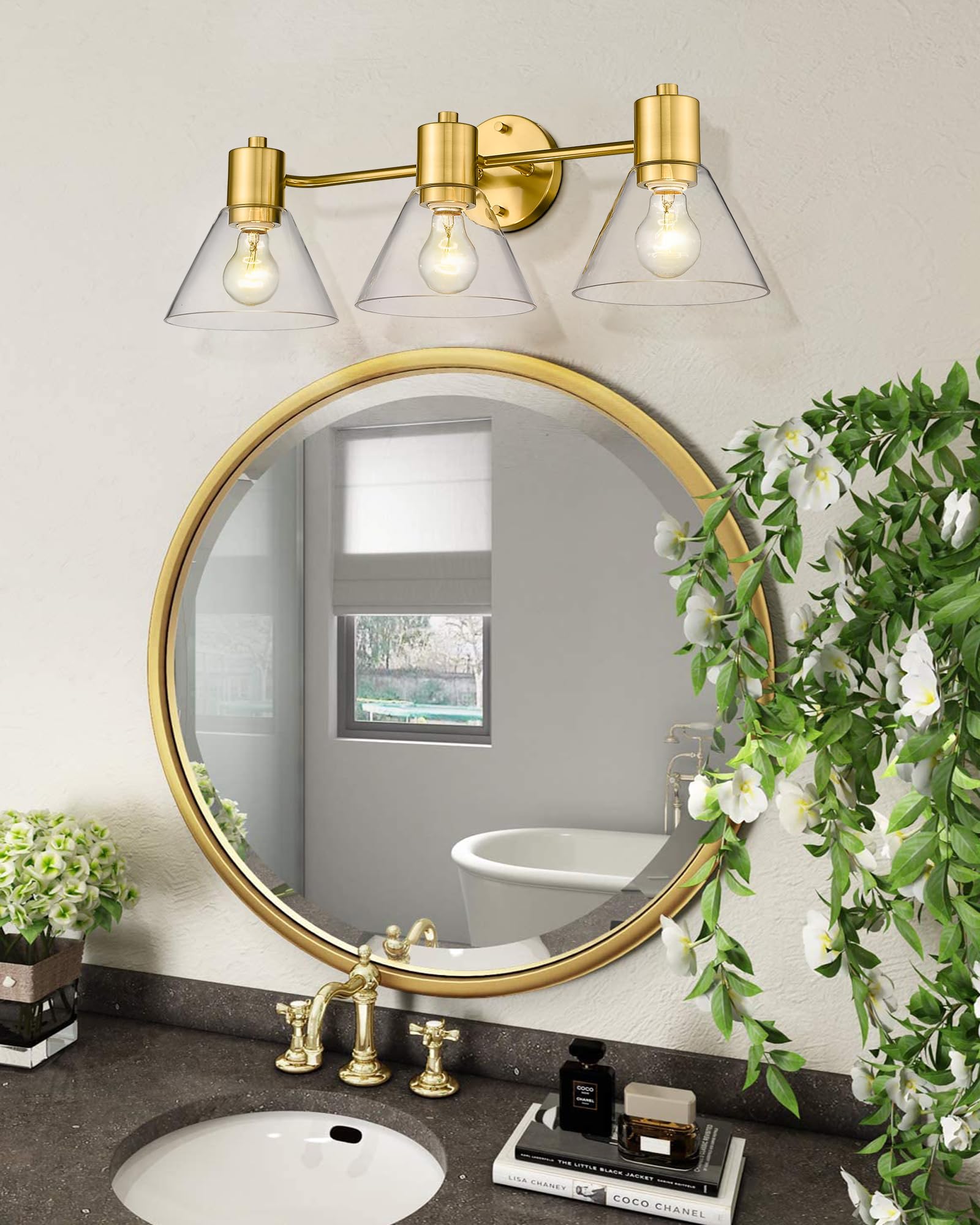 LMS Gold Bathroom Vanity Light Fixtures - 3 Light Modern Bathroom Sconce with Clear Glass Shade, LMS-108 - Perfect for Bathroom, Powder Room and Dressing Room Lighting
