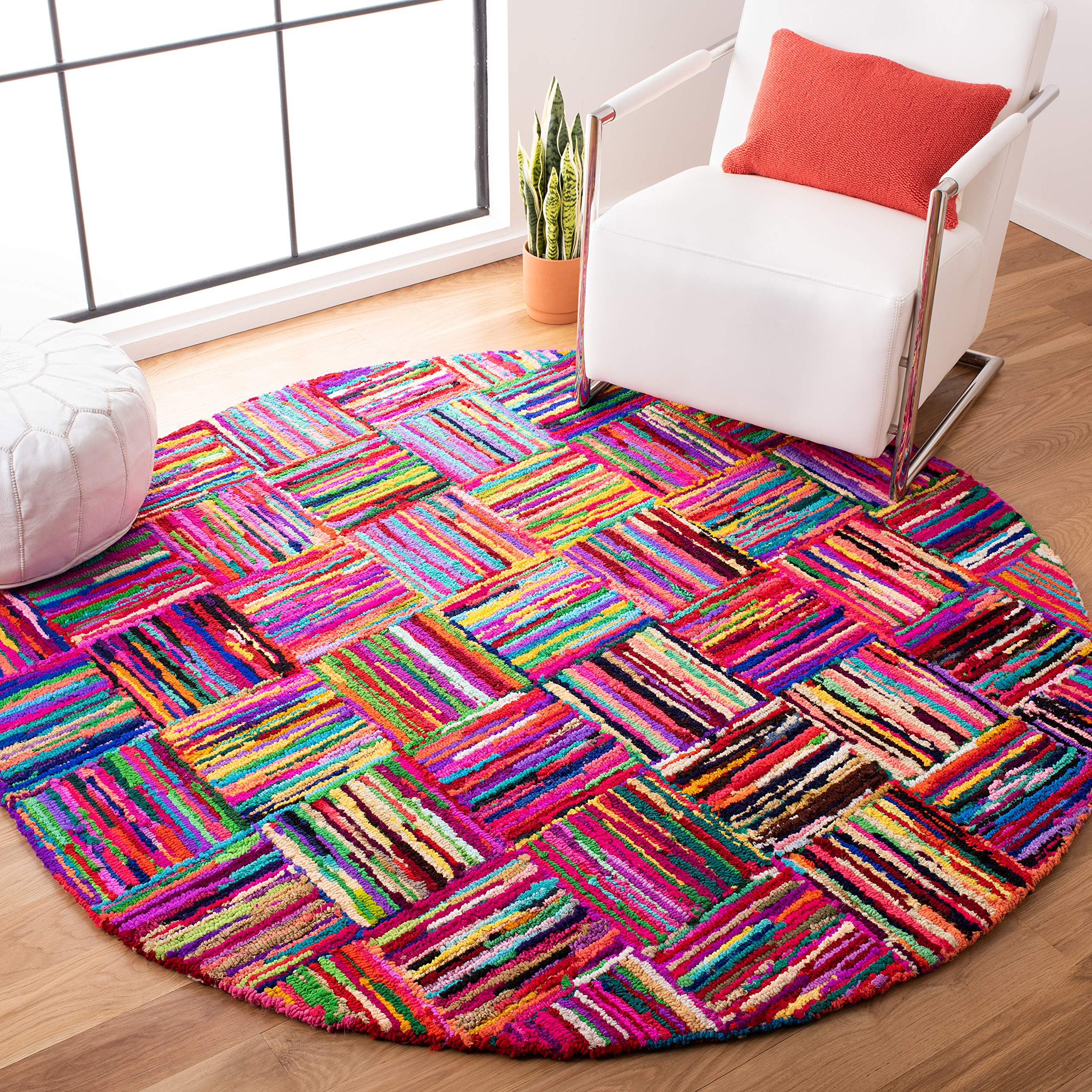 SAFAVIEH Nantucket Collection 8' Round Handmade Boho Cotton Area Rug - NAN318A Multi-Color for Living Room, Bedroom & Boho Home Decor