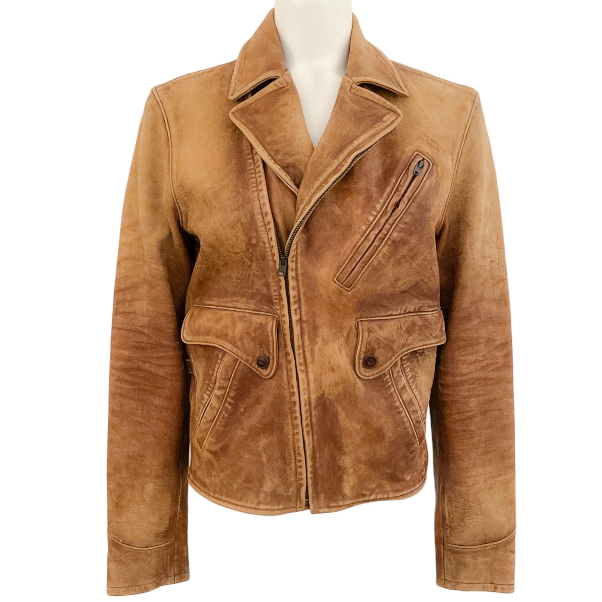 Polo Ralph Lauren Brown Distressed Leather Moto Jacket for Men - Vintage Biker Style Outerwear for Casual Wear & Motorcycle Riding