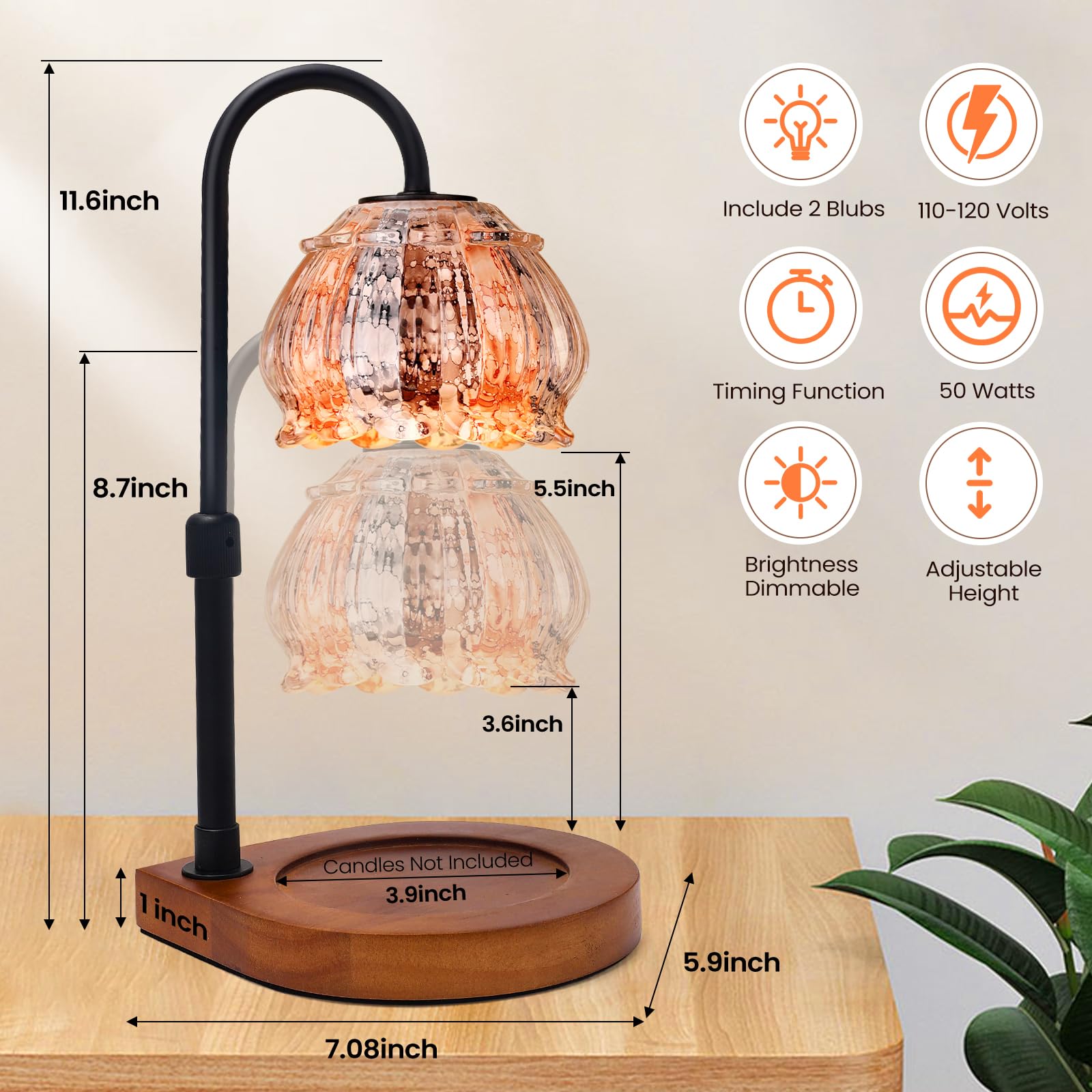 Adjustable Height Dimmable Candle Warmer Lamp with Timer - Electric Jar Candle Warming Light Holder for Home Decor, White-Orange - Perfect for Living Room, Bedroom, Office & Gift for Women