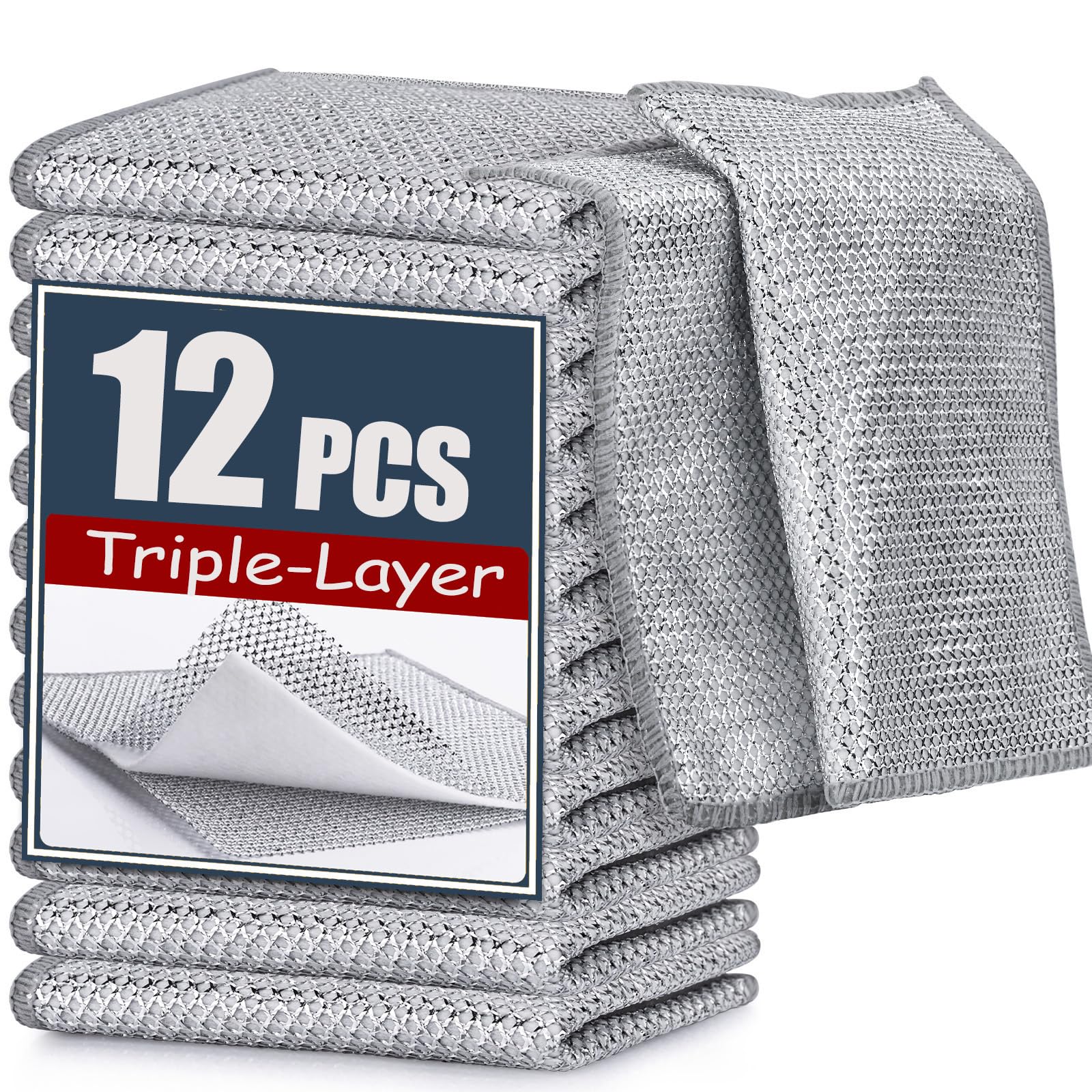 12-Pack Navona Premium Steel Wire Dishcloths - Triple-Layer Non-Scratch Cleaning Pads for Pots, Pans, Cookware & Stove Tops | Heavy-Duty Scouring Pads for Kitchen, Sink & Dish Cleaning | Rustproof & Durable for Daily Use