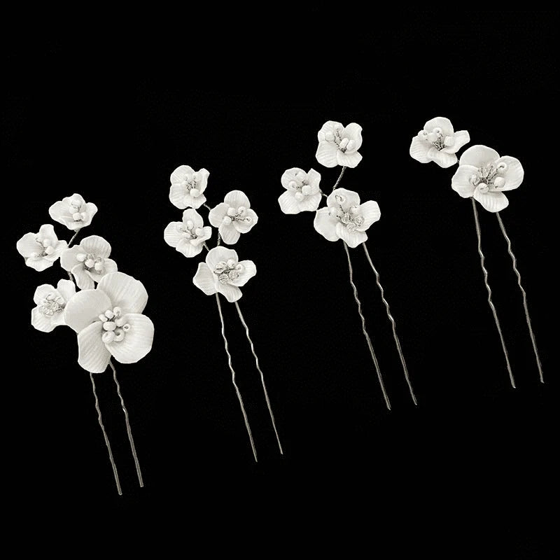 Elegant Floral Bridal Hair Pins Set - Ivory Ceramic Flowers for Wedding Hairstyles (9766) | Perfect for Brides, Bridesmaids, and Special Occasions