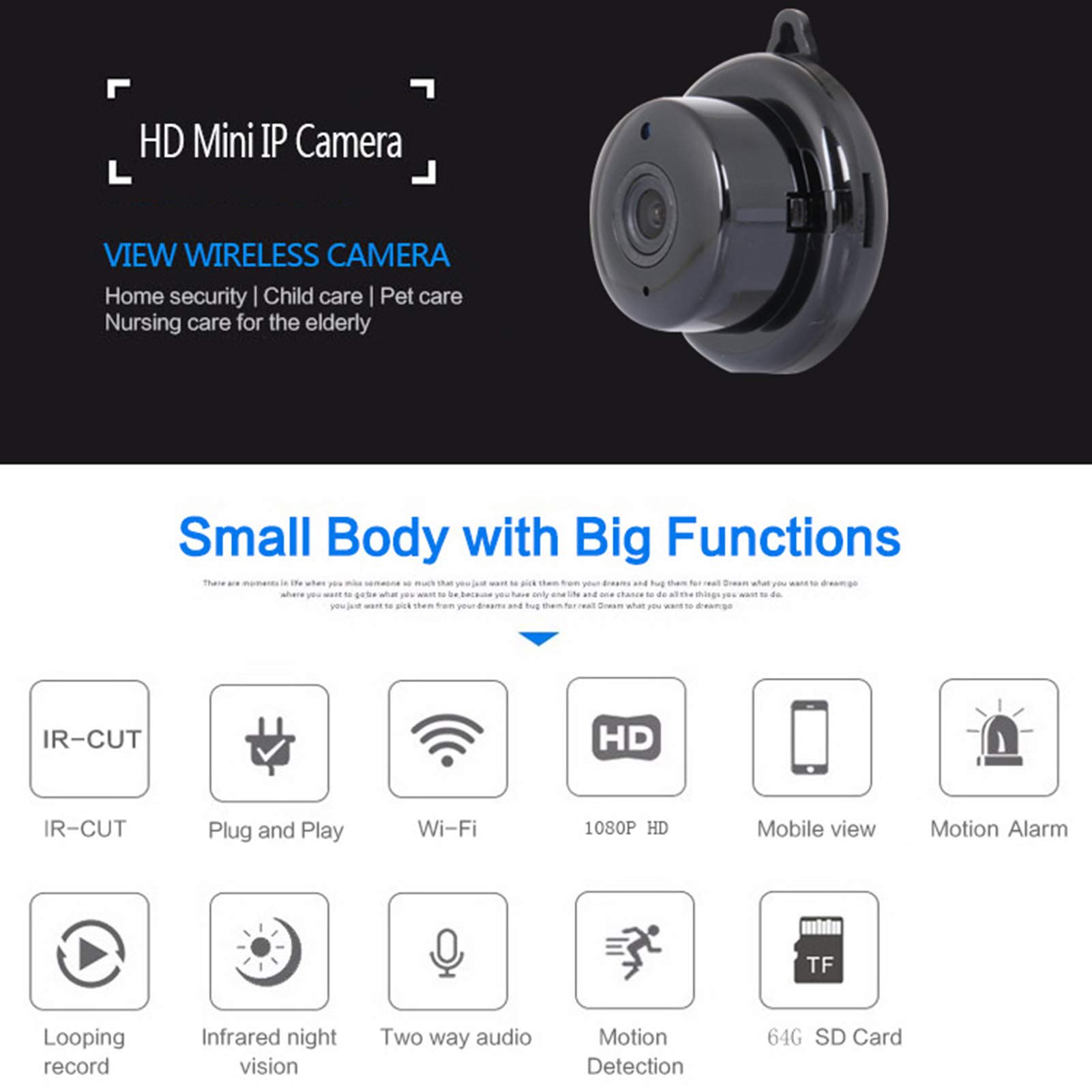 HUIOP Mini Security Camera - 1080P Full HD Wireless IP Camera with Night Vision & Alarm, Portable Indoor/Outdoor Home Surveillance for Baby Monitor, Pet Camera, Office Security